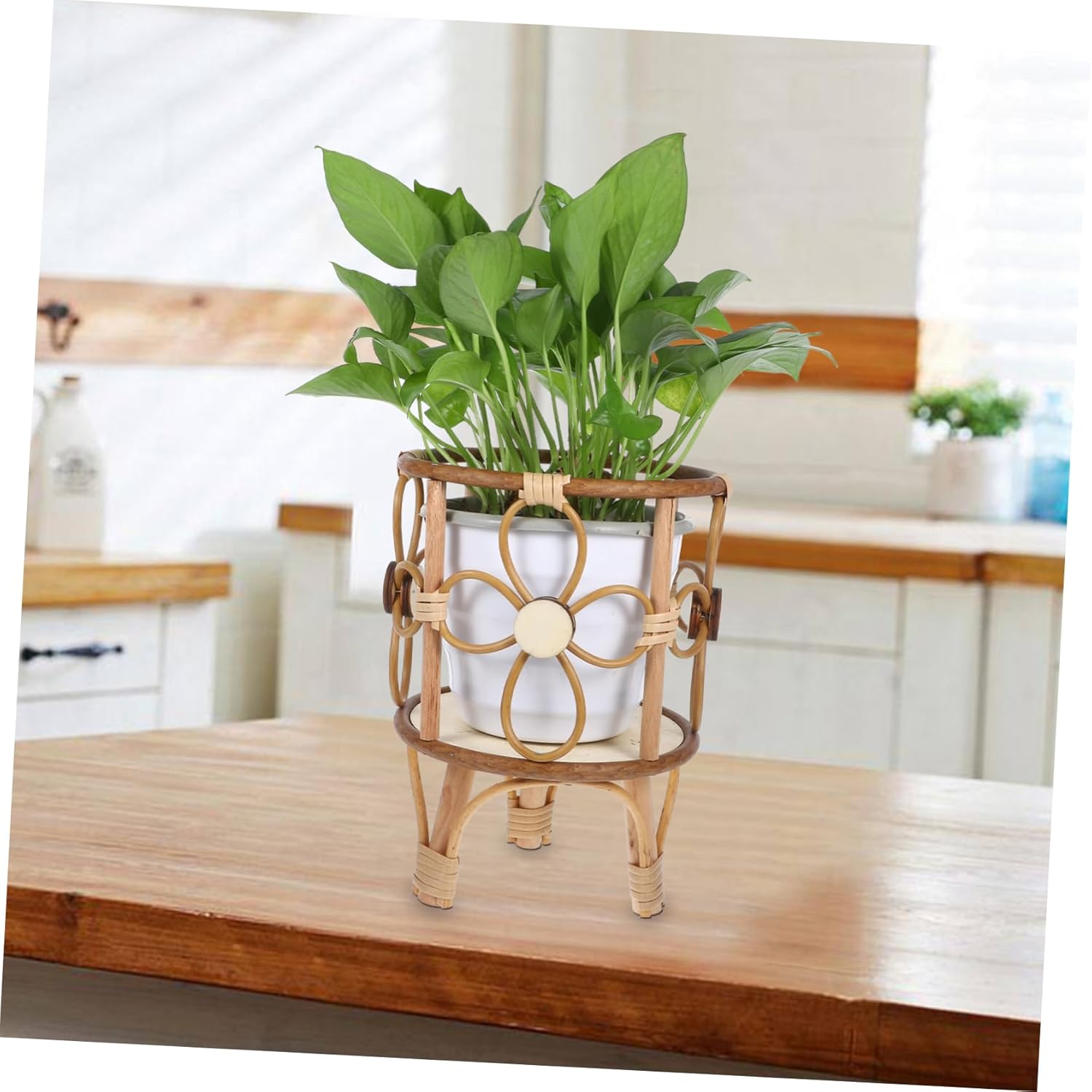 Garneck Handwoven Rattan Plant Stand with Legs European-style Heavy Duty Flower Pot Holder for Indoor and Outdoor Decor Compact and Chic Flower Display for Home Office Balcony Garden