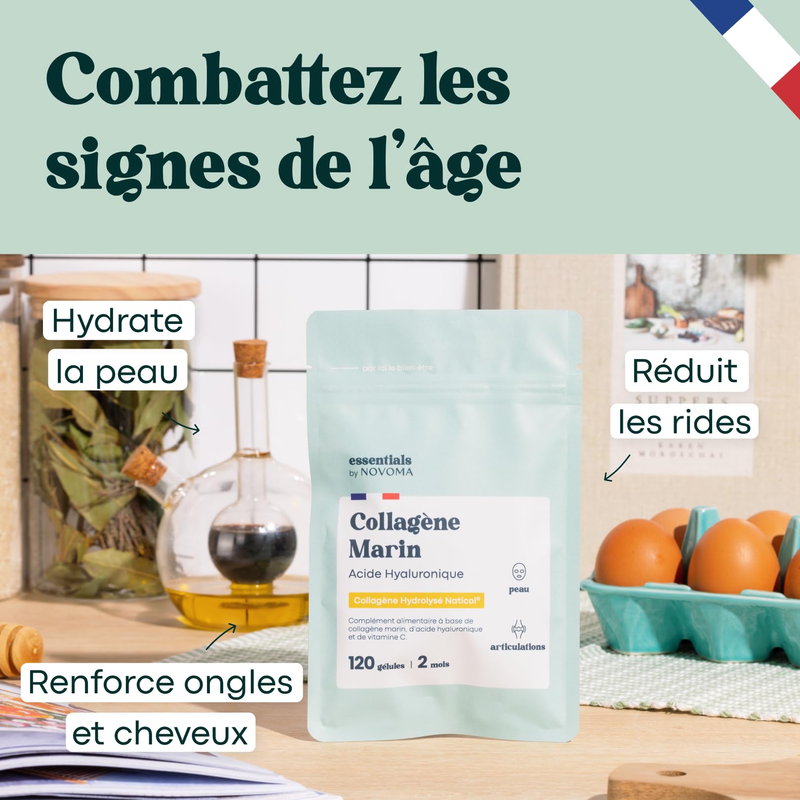 Marine Collagen + Hyaluronic Acid, Hydrated Skin and Strong Joints, 2 Months Cure, 120 Capsules, Hydrolyzed Collagen Type 1 Naticol®, With Vitamin C, Made in France, by Novoma - 3