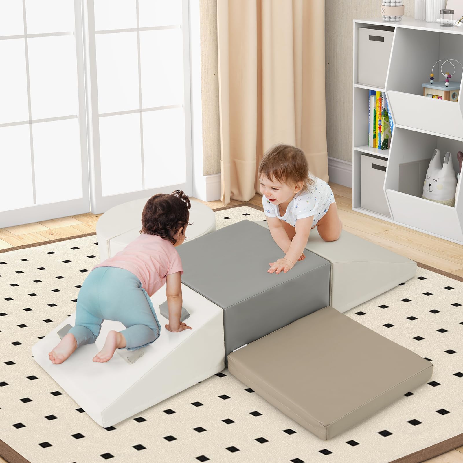 COSTWAY Juego de 6 Bloques de Espuma para Niños, Set de Escalada Suave Ligero para Interior Infantil para Escalar, Juego de Trepar y Gatear, Regalo para Bebés y Niños de 1+ Años (Blanco y Gris)