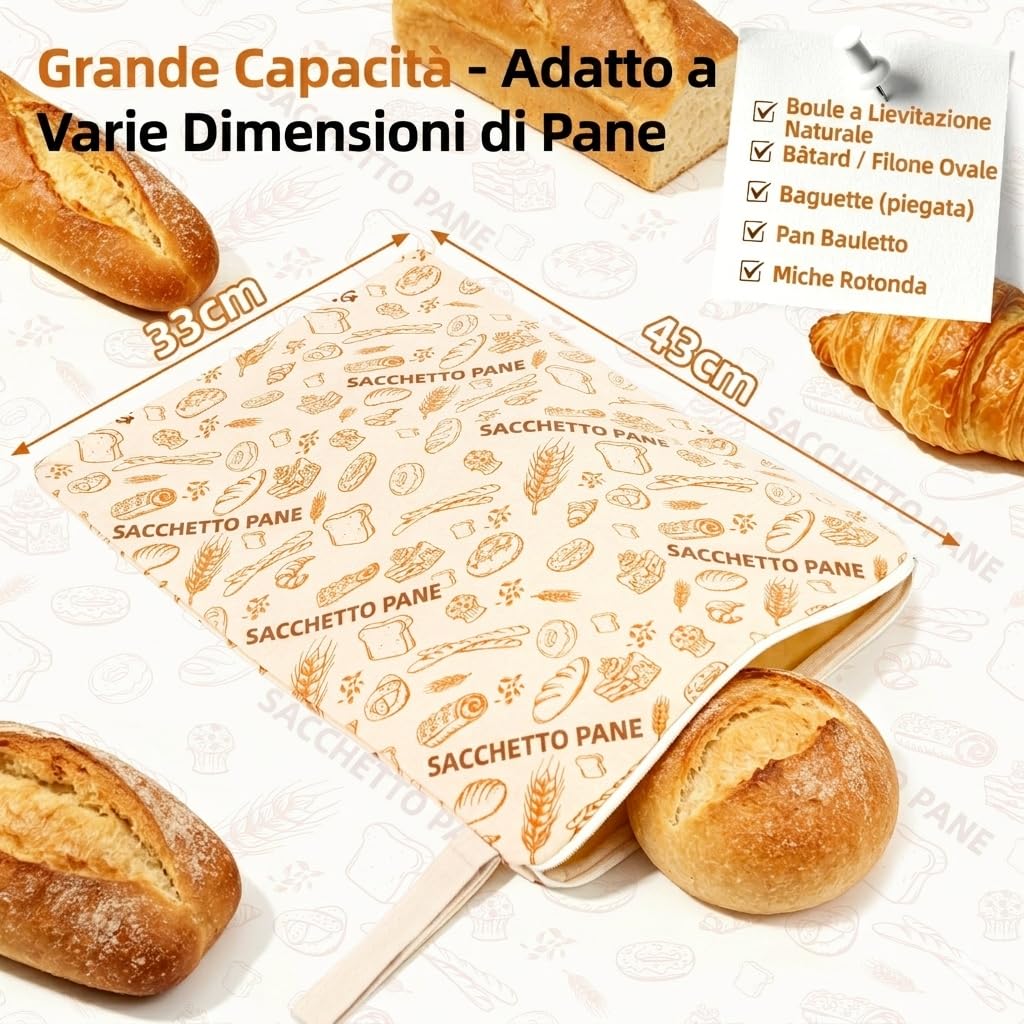 AHJ Confezione da 2 Sacchetti per Pane in Cera d'Api 43x33cm, Borsa Porta Pane Riutilizzabile in Cotone e Lino con Cerniera a L per Sourdough Fatto in Casa, Baguette e Pane Artigianale Lavabile