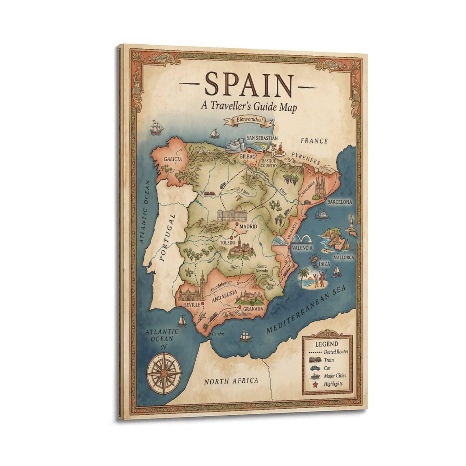 OKAHYS Vintage Spain Tourist Guide Map Poster Decorative Painting Canvas Wall Artworks Picture 20x30inch(50x75cm)