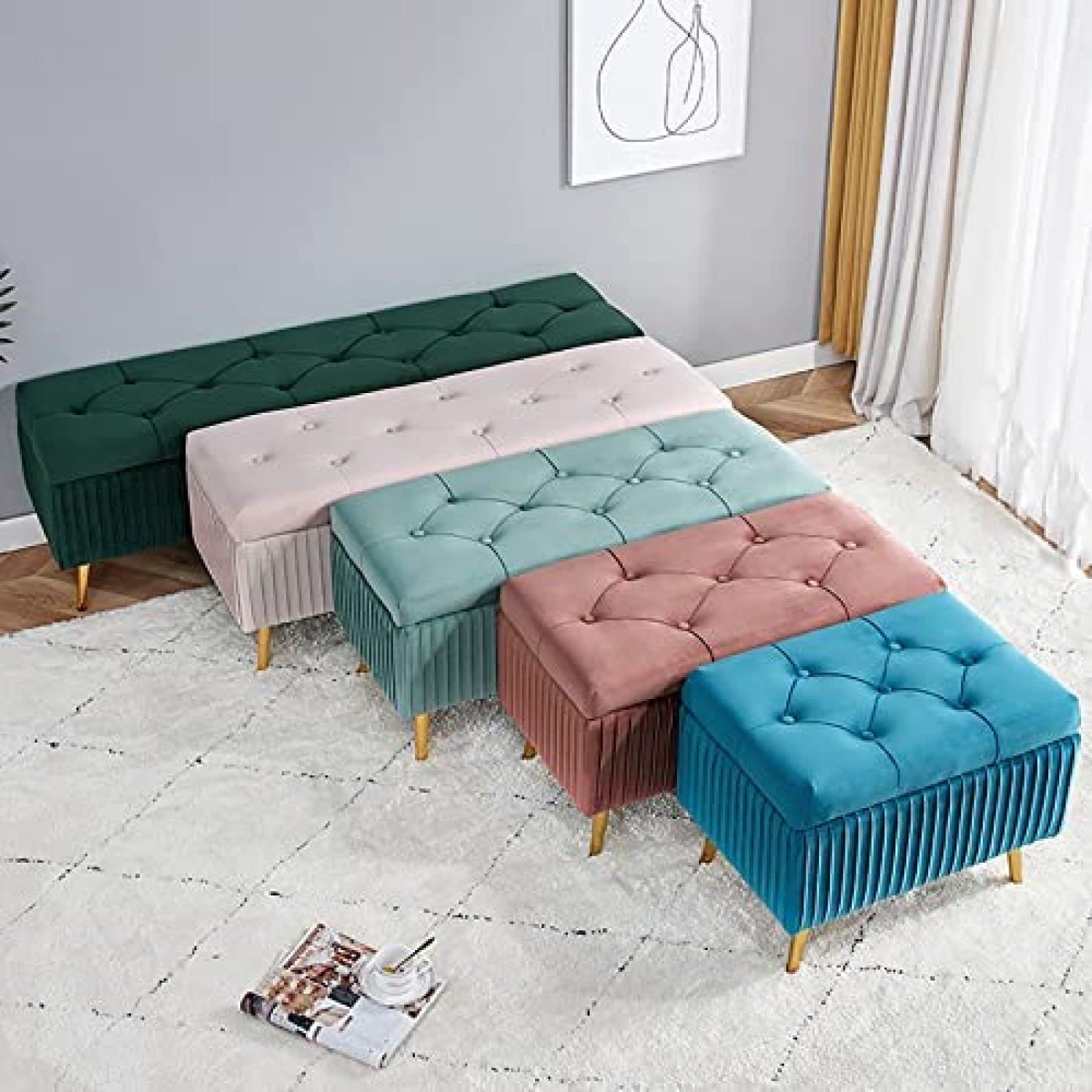 Fußhocker, Moderne Ottomane mit Stauraum und Klappbank aus Samt, Fußstützenhocker für Wohnzimmer und Eingangsbereich, rechteckiger Knopf, grün, (Rosa-60x40x45cm(24x16x18inch)