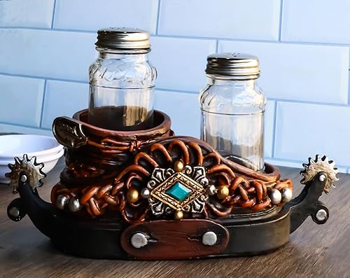 Miniatura 2 de Ebros Gift Juego de salero y pimentero rústico de vaquero occidental con acabado de piel sintética y conchos turquesas, juego de salero y pimienta