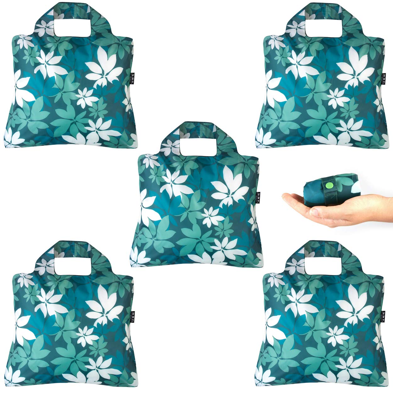 Reusable Grocery Bags- Pack of 5 Botanica Foldable Quality Shopping Tote Bag, Eco-Friendly Polyester Washable. Multi Use - Shopping, Travel, Arts, Crafts or Beach