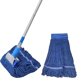 Industrieller Wischmopp, strapazierfähig, industrielle Baumwolle, inkl. 2 Köpfen, für Zuhause, Garage, Werkstatt, Lager, Bodenreinigung, Blau