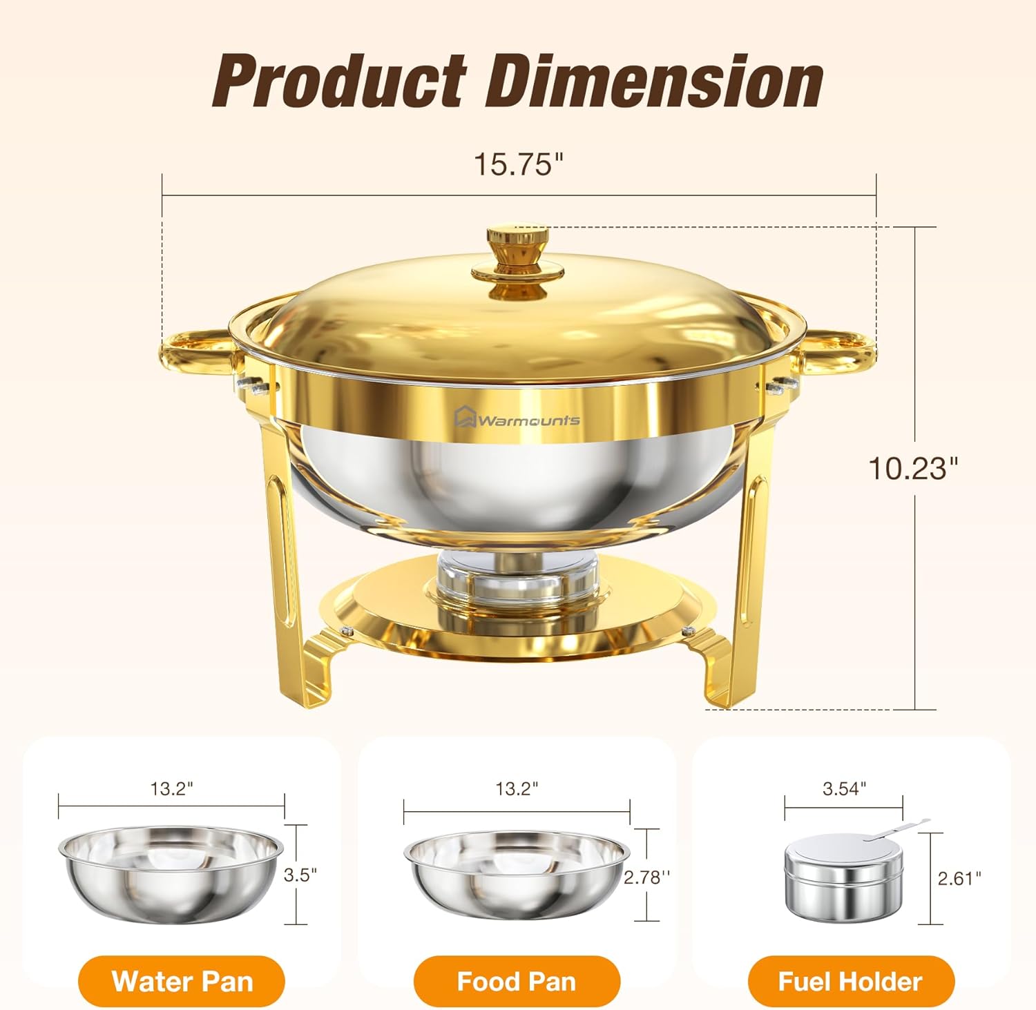 WARMOUNTS Gold Chafing Dishes for Buffet (5QT, 4 Pack), Stainless Steel Round Chafers and Buffet Warmers Sets with Lid Holder, Rolled Rim Process, Stackable Design, for Catering, Parties, Weddings - Image 8