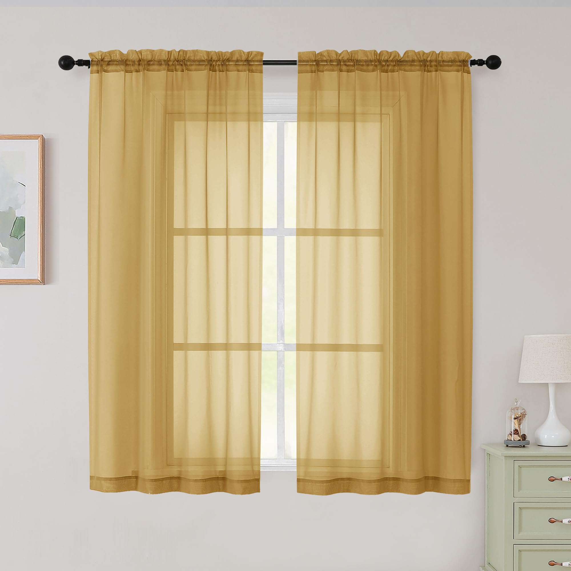 WelvetBLK Sheer Gold Curtains for Bedroom Living Room 54 Inch Length 2 Panels Set, Solid Soft Airy Light Filtering Window Treatments, Modern Rod