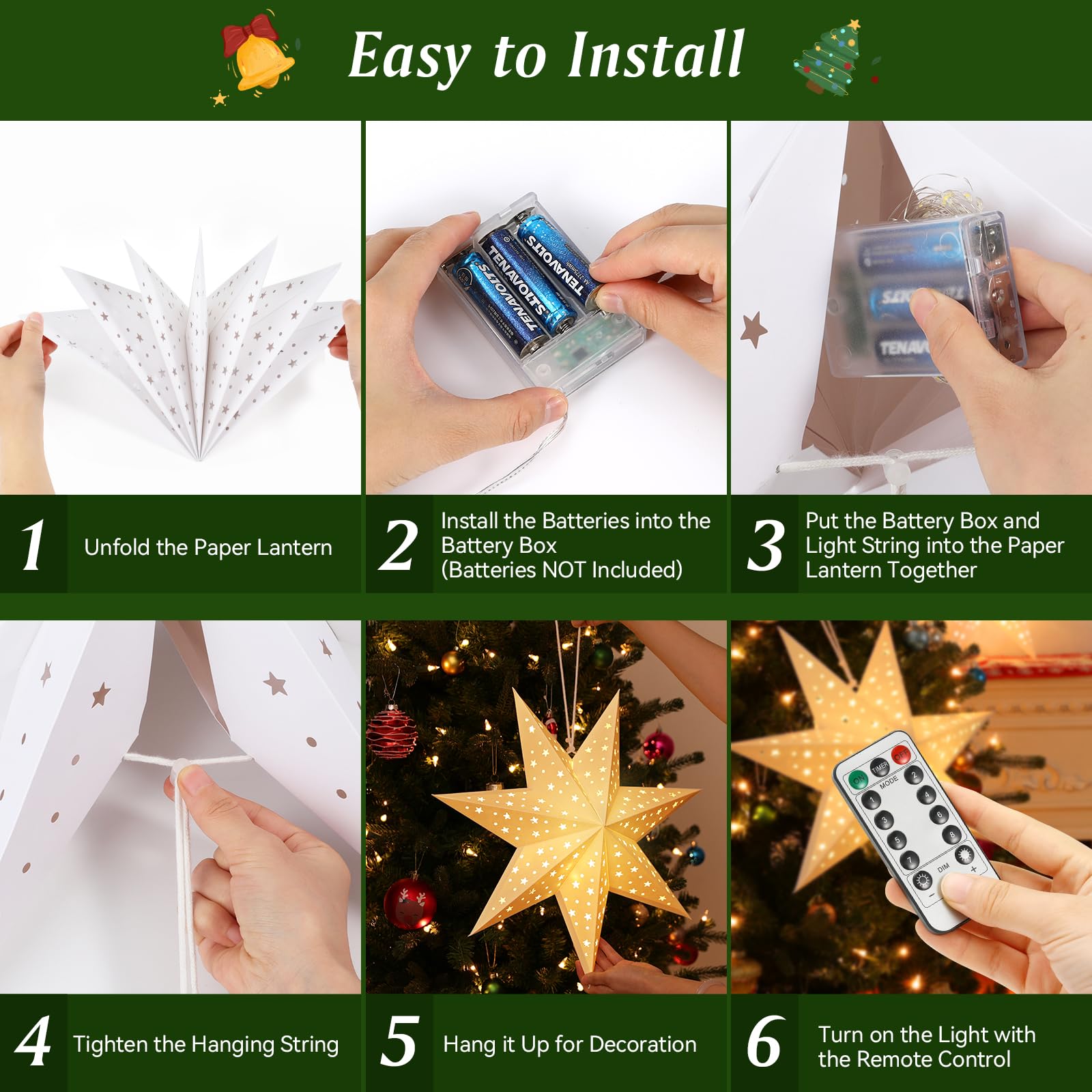 Lewondr Weihnachtsstern Beleuchtet 3 Stück, 45cm Papiersterne Weihnachten | Hängende Sternenlichter mit Ausgeschnittenen Sternen, LED Stern mit Fernbedienung, Weihnachtsdeko Papierstern für Innen