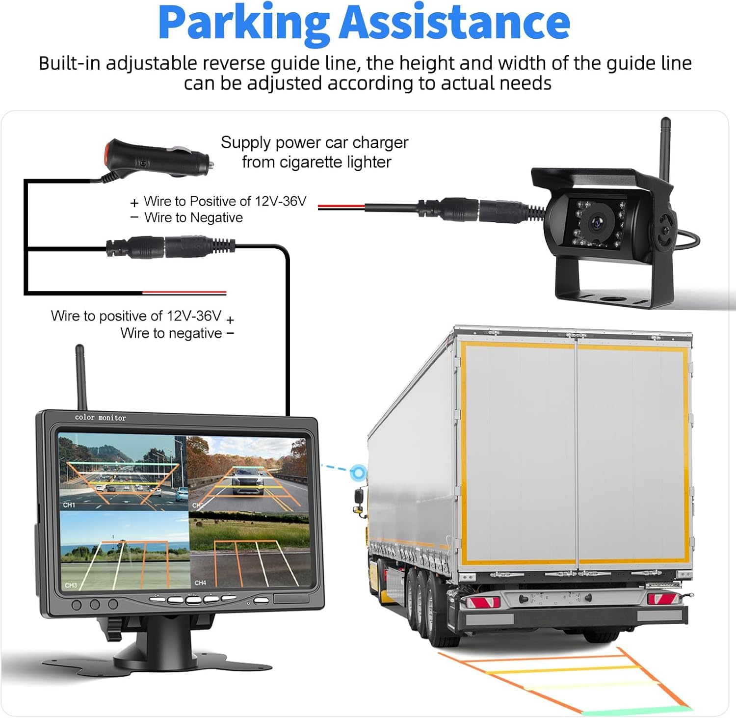 Telecamera di retromarcia senza fili 1080p per campeggio car schermo 7 pollici 4 canali visione notturna impermeabile IP69 per camion, camper, furgone, SUV, pick-up, con BSD