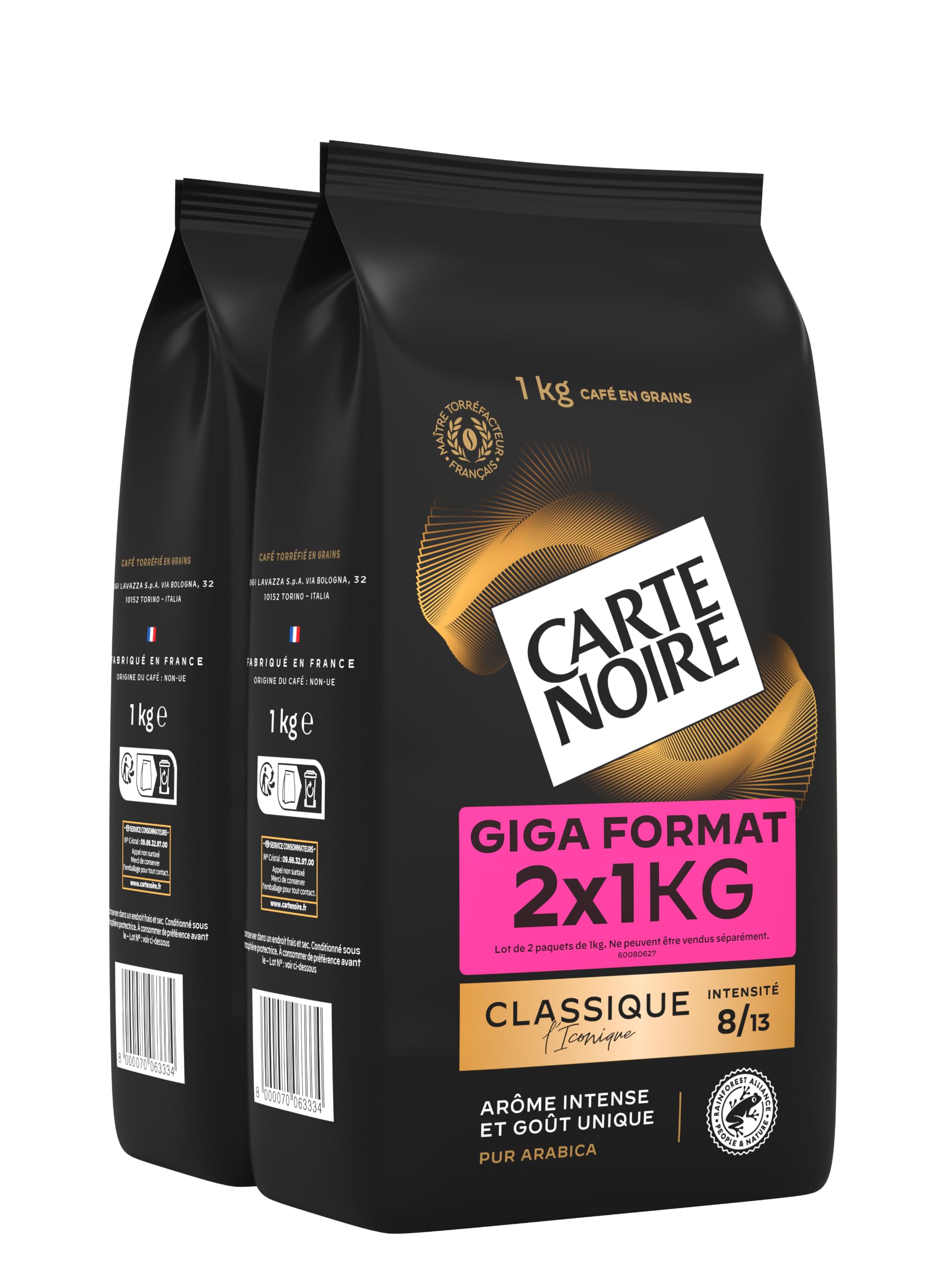 CARTE NOIRE - Café Grain Classique - Intensité 7-2 Paquets de 1 kg
