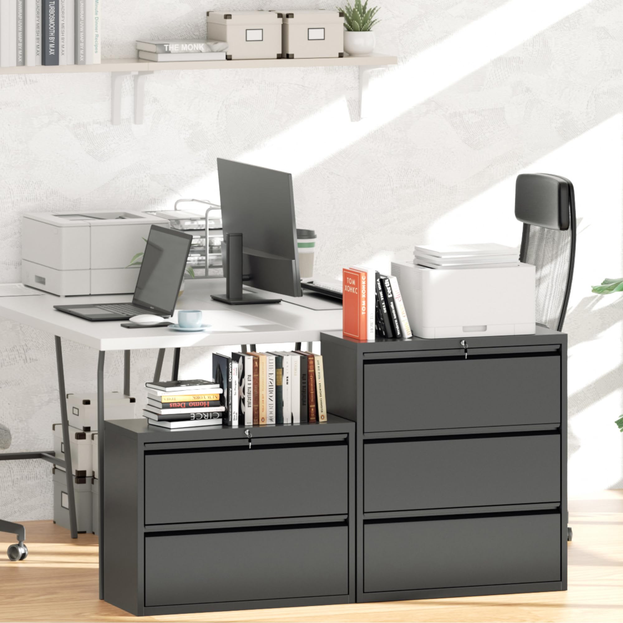 Greenvelly 2 Drawer File Cabinet, Black Metal Lateral File Cabinet with Lock, Office Filing Cabinet for Legal/Letter/A4/F4 Size with Hanging Files&Key, Lockable File Cabinets for Home Office