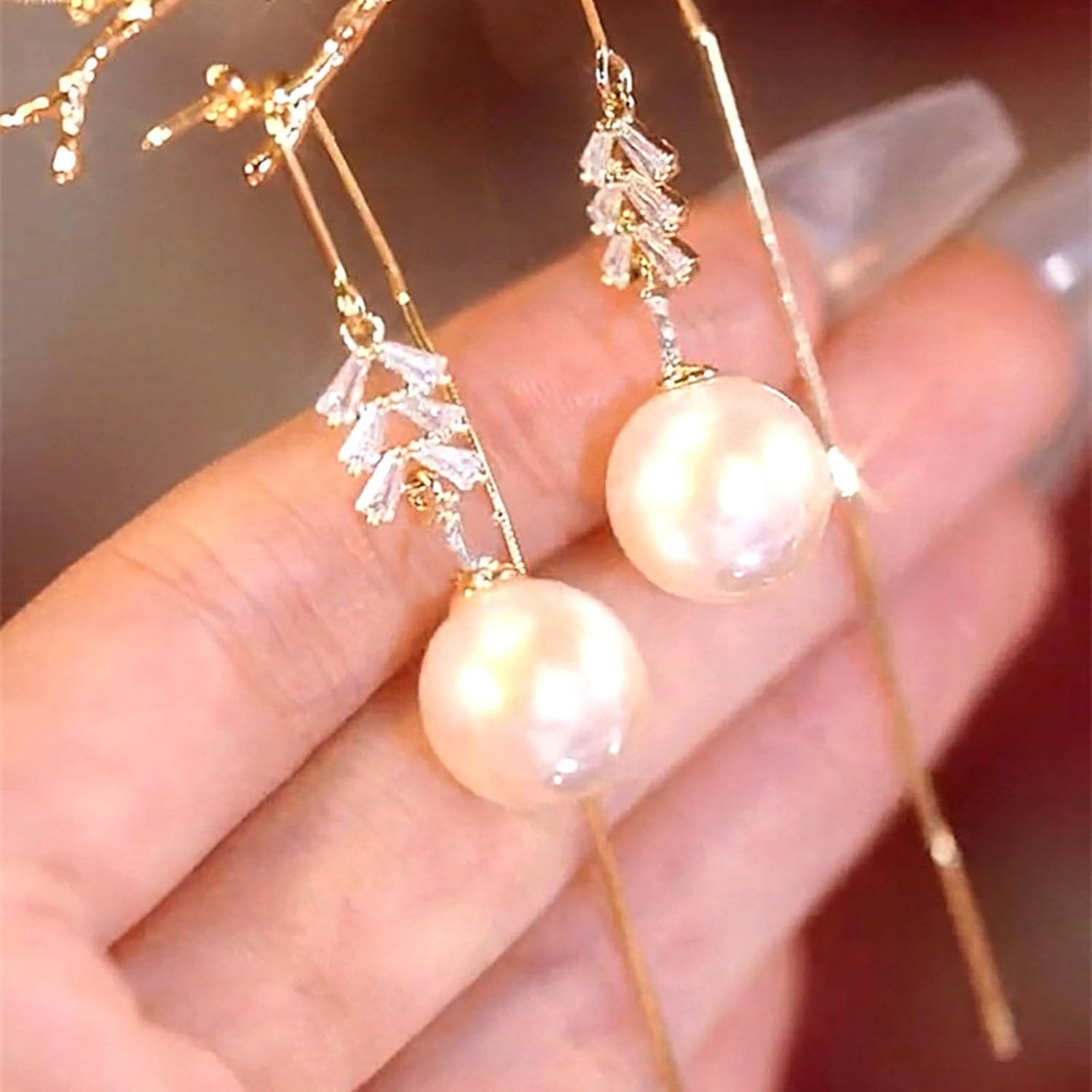 Boho Pearl Dangle Earrings Crystal Threader Drop Earrings Gold Ear Line Earrings Jewelry for Women and Teen - Image 5