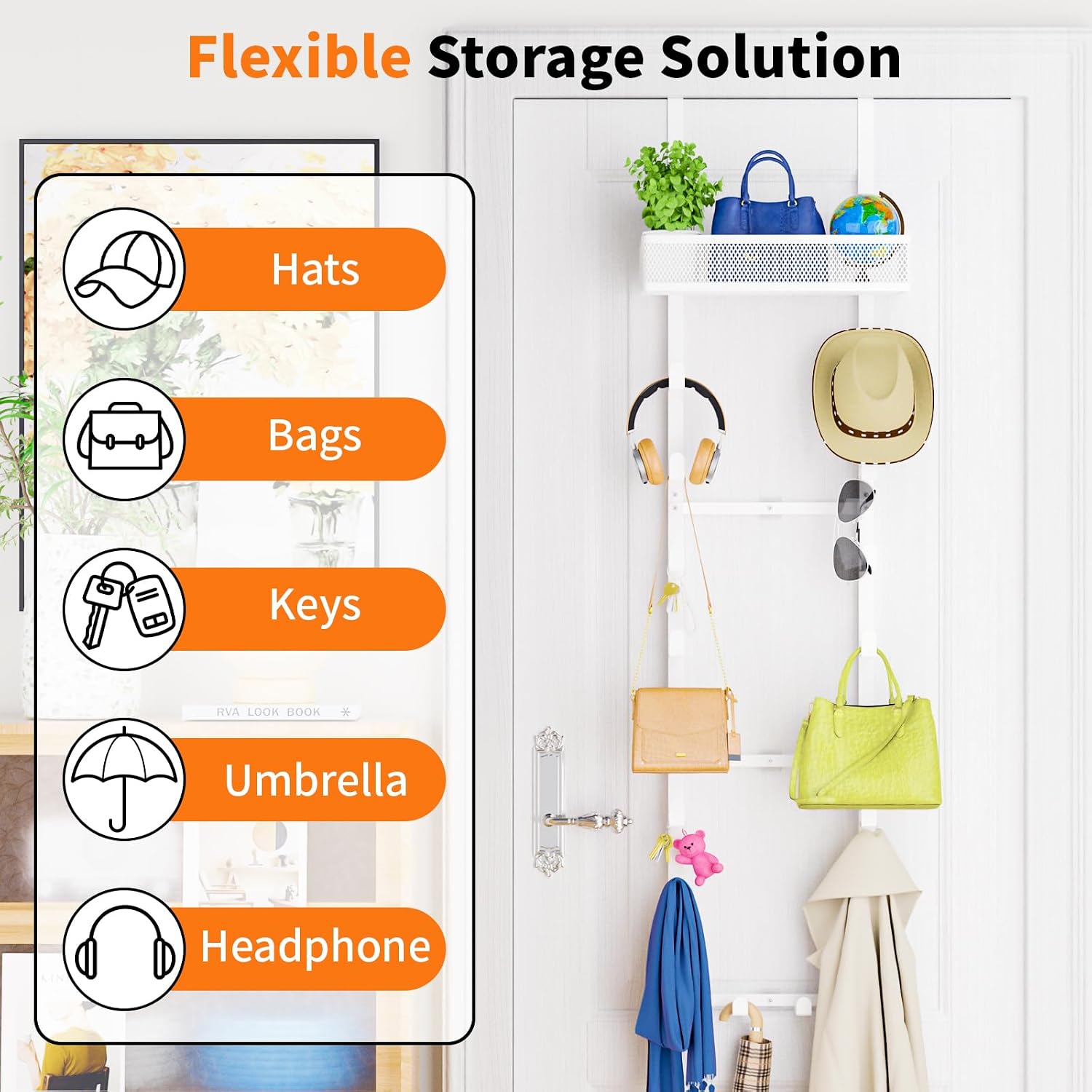 Kaiferty Over the Door Purse Organizer for Closet, Over the Door Hooks Wall Mounted Handbag Rack with 18 Hooks & Metal Basket, Holds up to 18 Bags, Use as 1 or 2 Pieces, for Door, Closet White