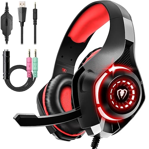 Tatybo Gaming Headset for PS4 PS5 Xbox One Switch PC with Noise Canceling Mic, Deep Bass Stereo Sound (Black Red)-1 - Red
