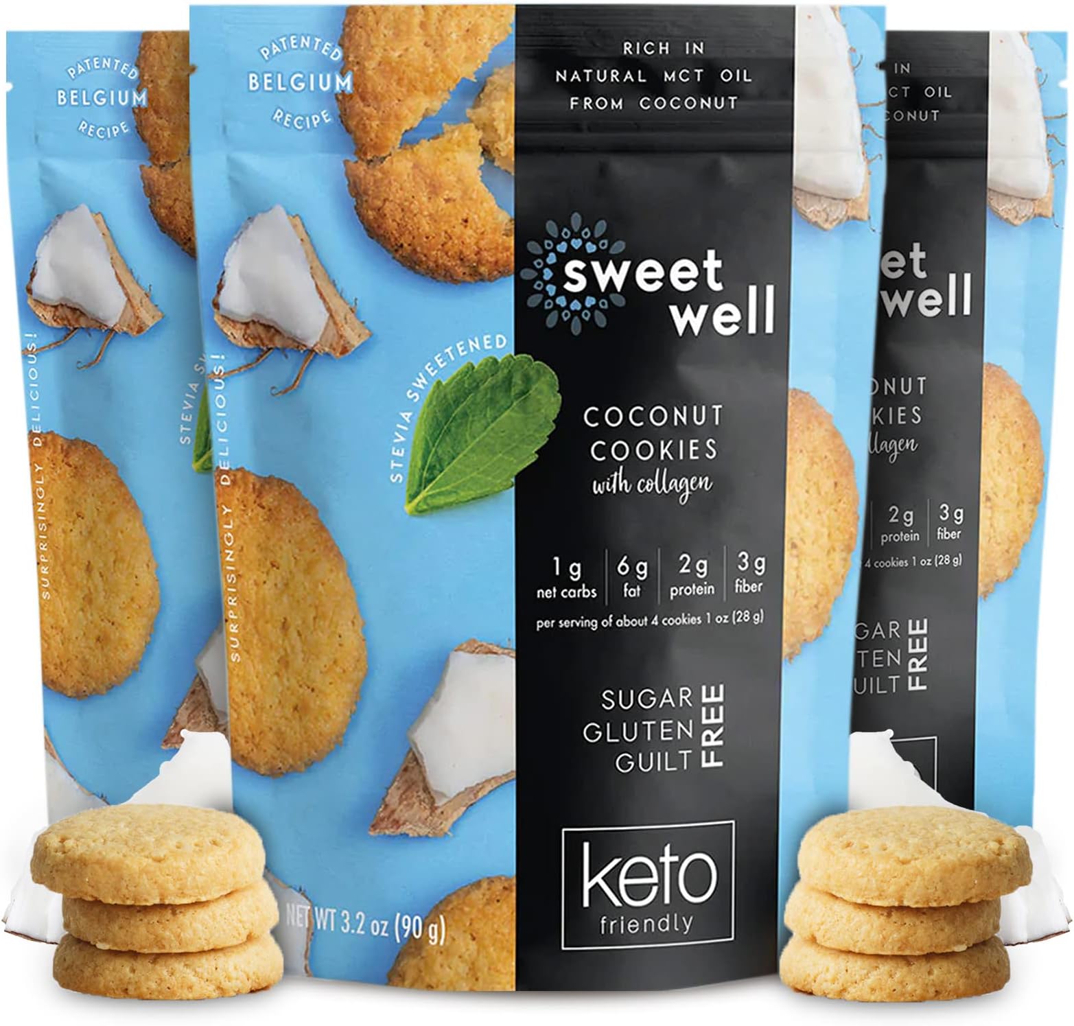 Coconut Cookies, Low Carb Keto Cookies, Gluten-Free Keto Snack with Real Ingredients, Stevia Sweetener and Collagen, Sugar-Free, 3.2 oz Each, Pack of 3 - Sweetwell
