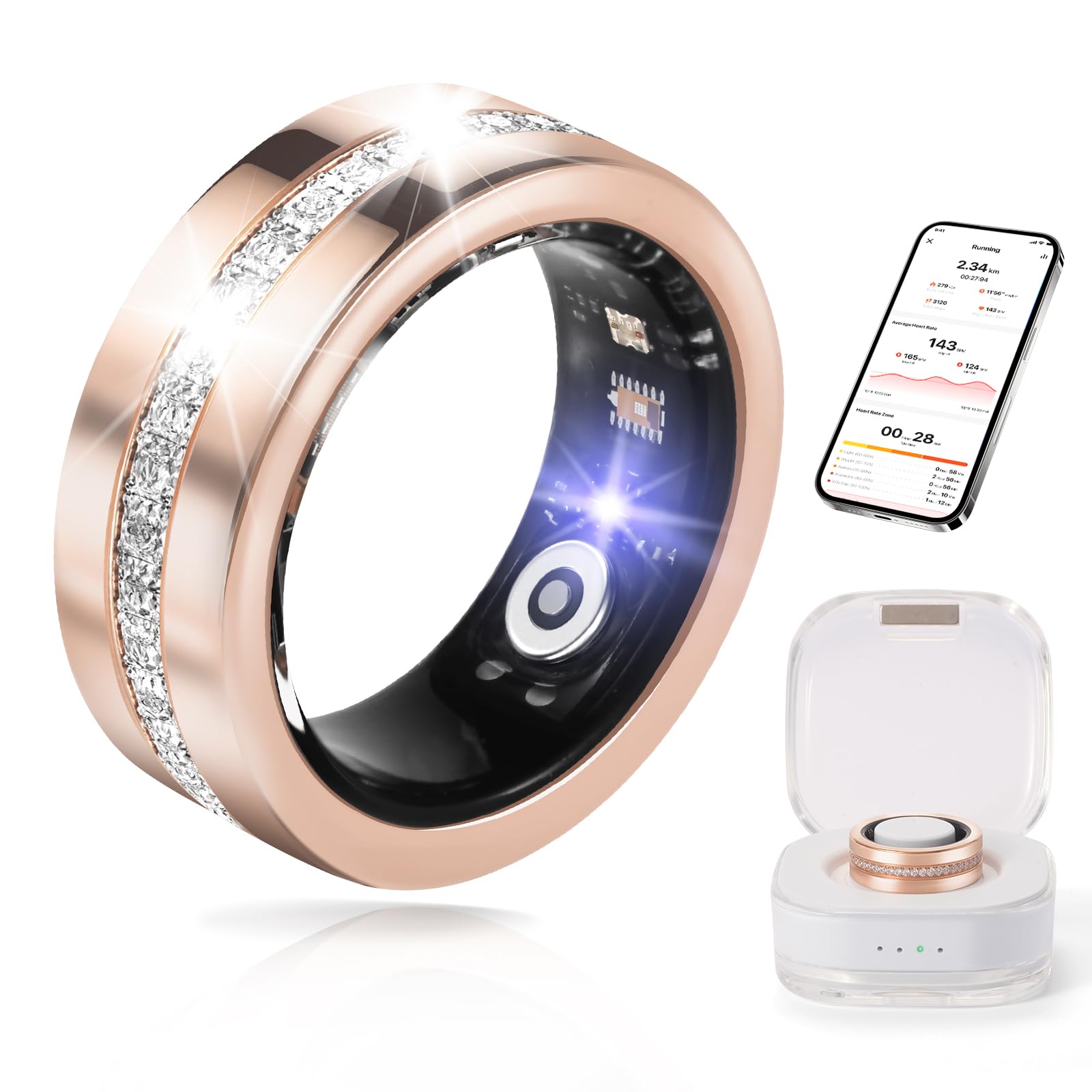 Anillo inteligente para mujeres y hombres, rastreador de salud y fitness con frecuencia cardíaca, oxígeno en sangre, monitoreo del sueño, 128 modos deportivos, IP68 impermeable, control de