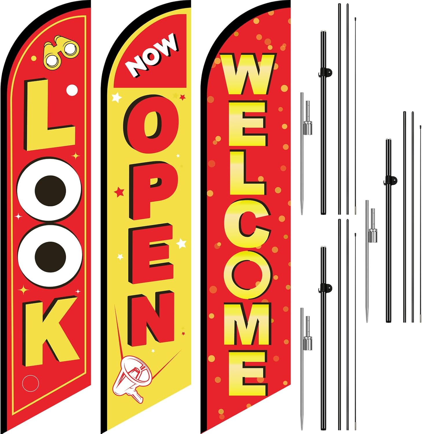 Newwiee 3 Set Feather Flag Banner for Business Advertisement, Now Open Welcome Look Feather Flag Sign 15 Feet Tall Advertising Banner with Fiberglass Pole Kit and Spike for Outdoor Decoration