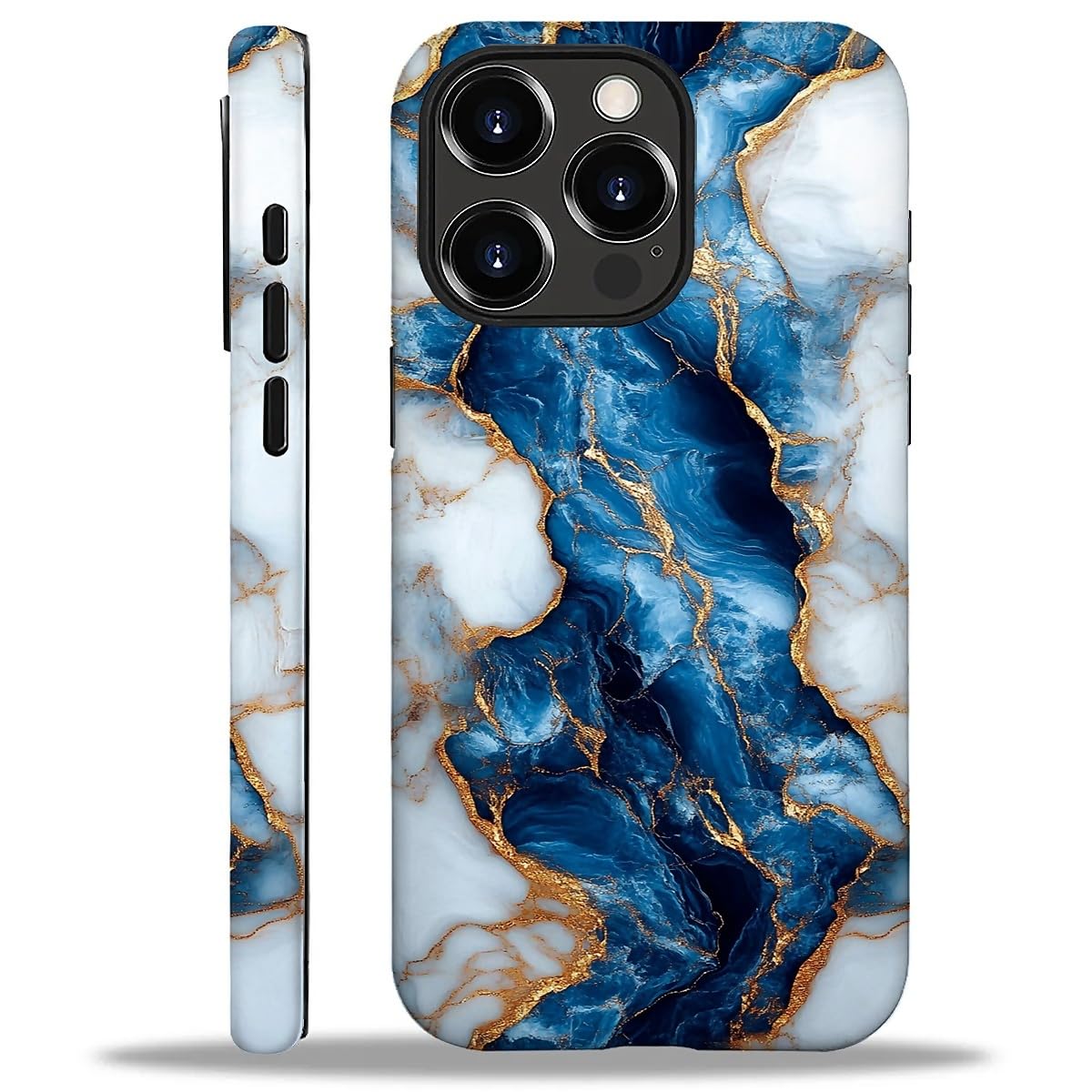 Coque rigide iPhone 16 Pro Max antichoc mate marbre bleu blanc or fille garçon - 8