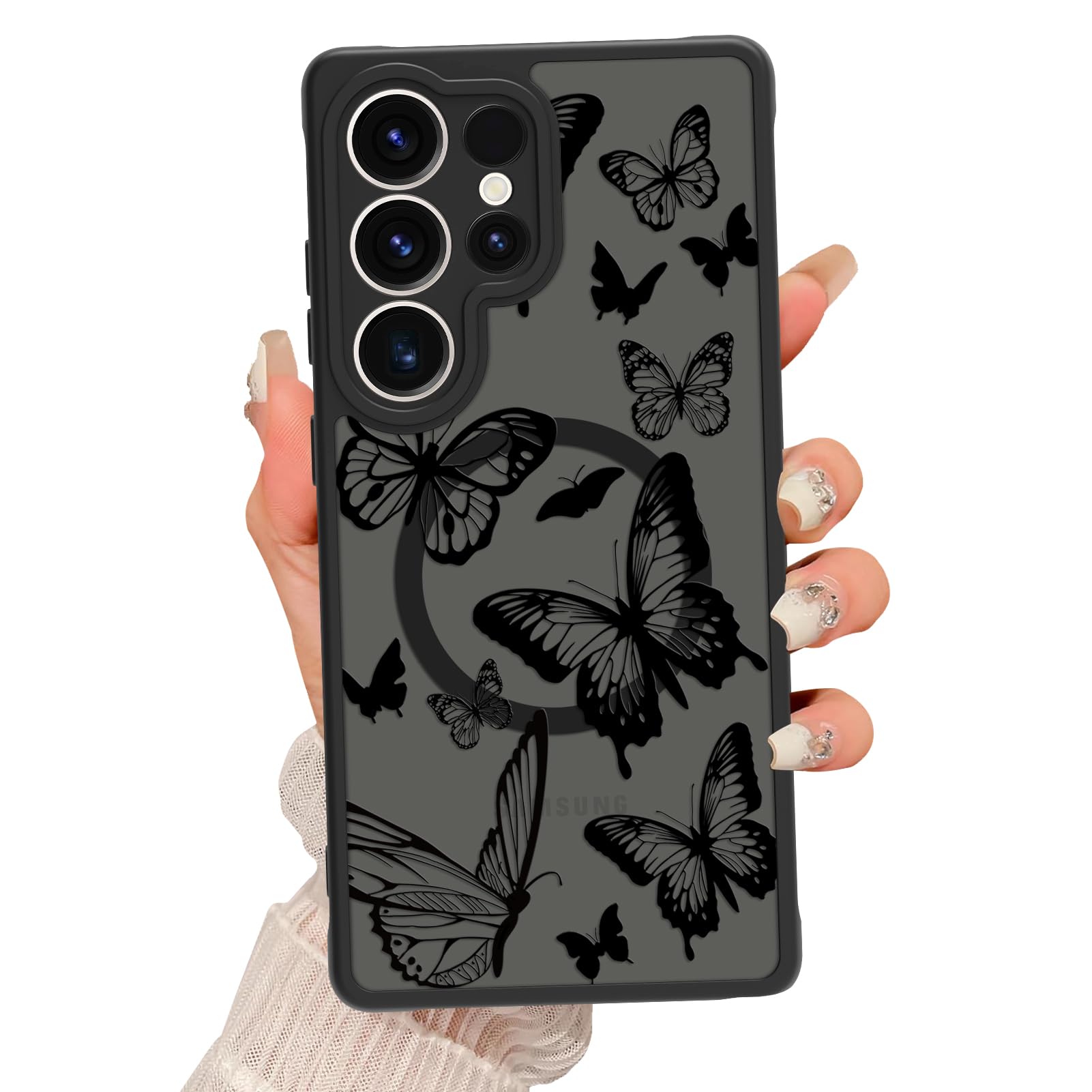 Fsoole Magnetic for Samsung Galaxy S25 Ultra Case [Compatible with MagSafe] Cute Butterfly Print Pattern Design, Slim Bumper Translucent Matte