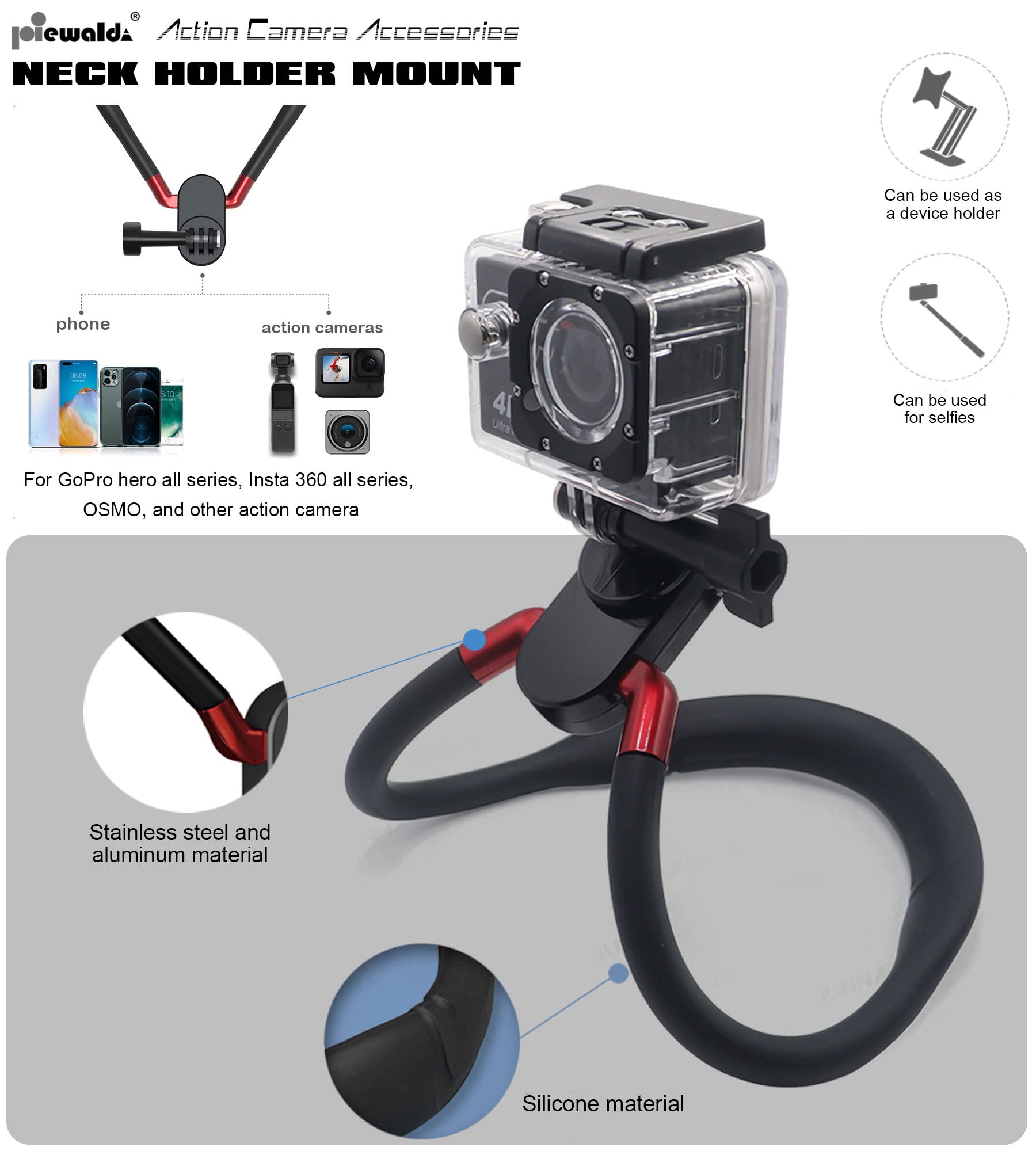 Niewalda Action Camera Neck Mount Bracket for POV/VLOG, Extendable