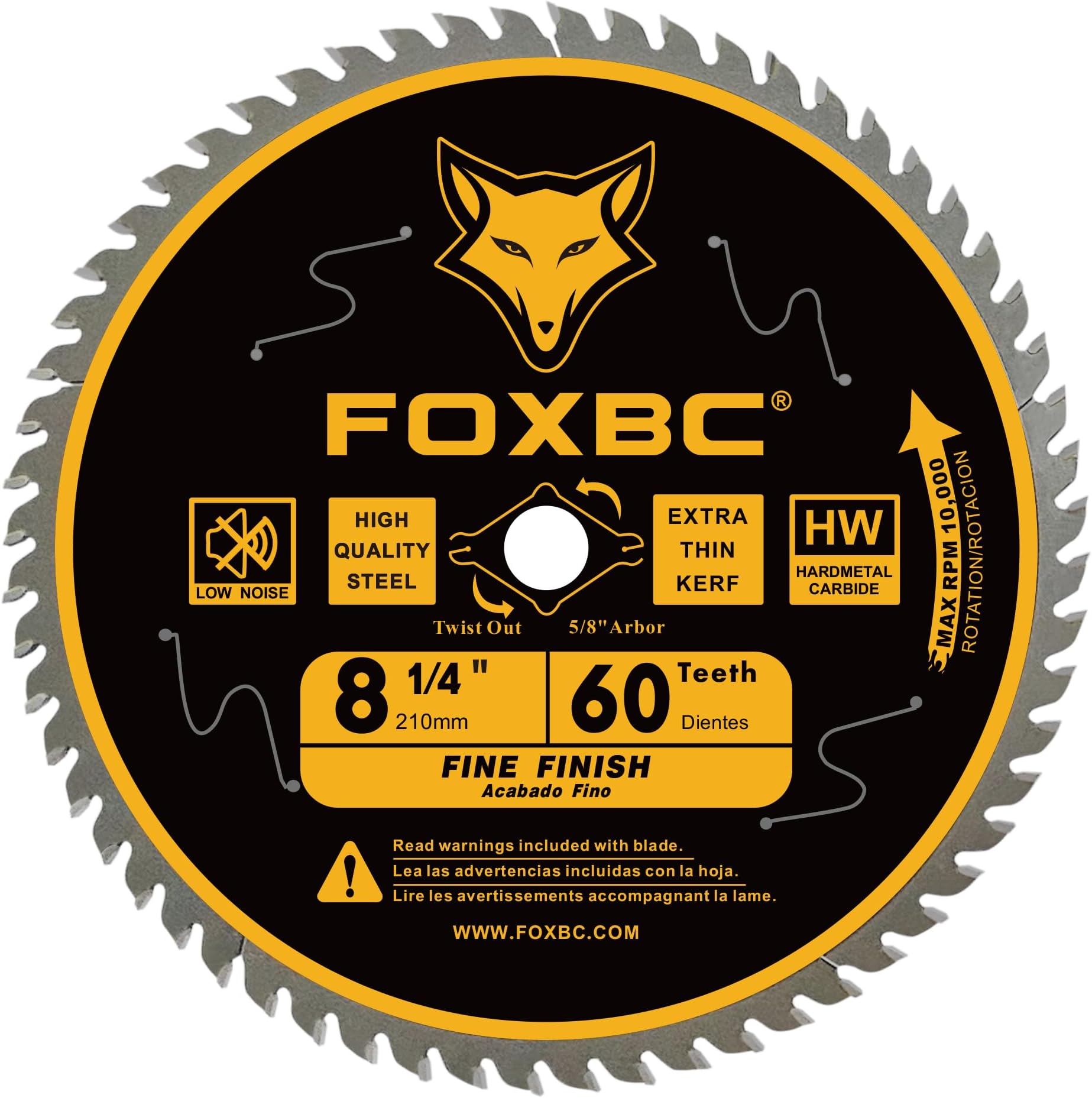 FOXBC 8-1/4 Inch Table Saw Blade 60 Tooth Fine Finish Wood Cutting with 5/8" Arbor, Diamond Knockout