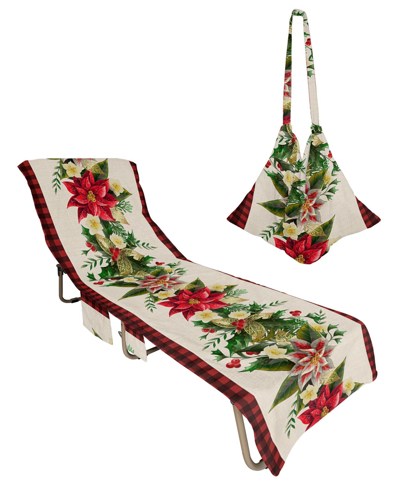 Christmas Poinsettia Beach Lounge Chair Towel Cover, Soft Chaise Lounge Towel with Side Pockets Patio Pool Chairs Cover for Beach/Pool Sunbathing 29x85 Xmas Botanical Red Black Plaid Rustic