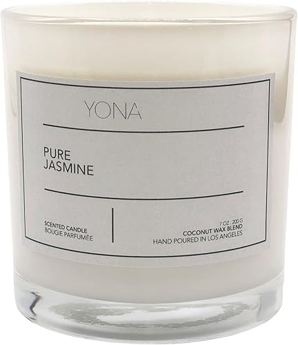 Vela perfumada de jazmín puro (7 onzas/7.05 oz.) fabricada con mezcla de cera de coco, altamente perfumada. Vela de tamaño mediano con dos mechas.