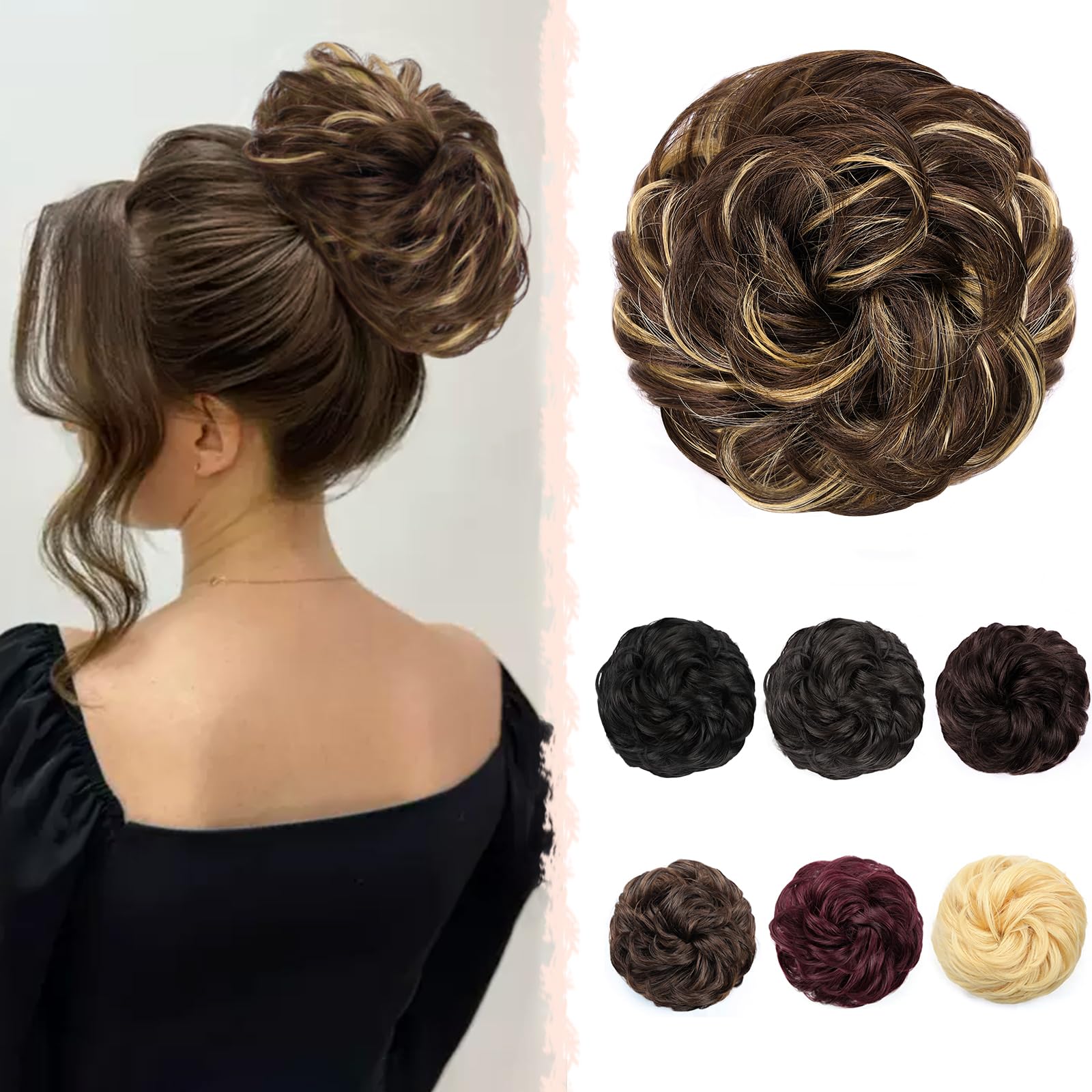 RONTAYA Messy Bun Hair Piece Human Hair Bun Wavy Curly Chignon Hair Updo Dark Brown with Blonde Highlights