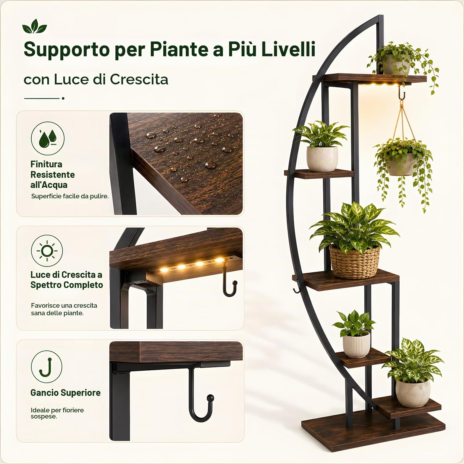 Scaffale Angolare Industriale con Luce LED Piante – Mobile Angolo Salvaspazio Stretto, Libreria Mezzaluna Legno e Metallo per Soggiorno, Ingresso o Camera, Altezza 160 cm