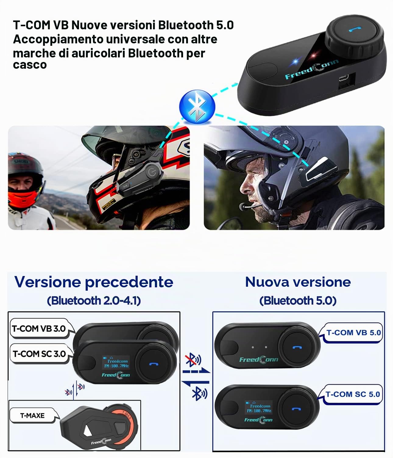 FreedConn Auricolare Bluetooth per casco da moto, TCOM VB 2-Way 800M Sistemi di comunicazione interfono per casco integrale e ribaltabile ecc.(Radio FM/IP65/con microfono 2 in 1) Interfono per moto
