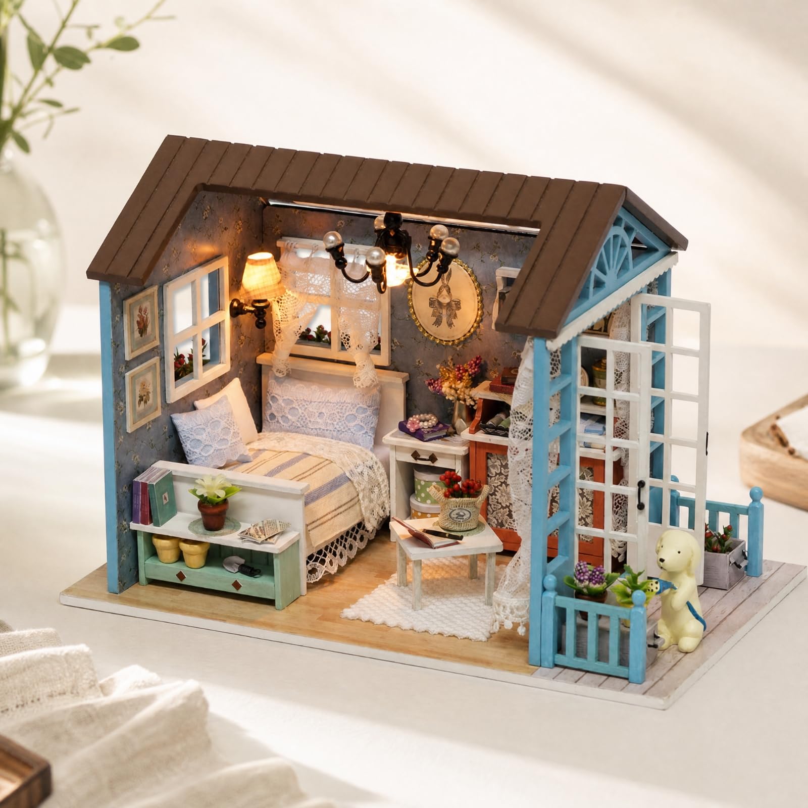 DIY Miniaturhaus aus zum Zusammenbauen Kreativ Puppenhaus mit Musik und Led Licht Ab 14 Jahren DIY Puppenhaus für Erwachsene, Hobbyregal,