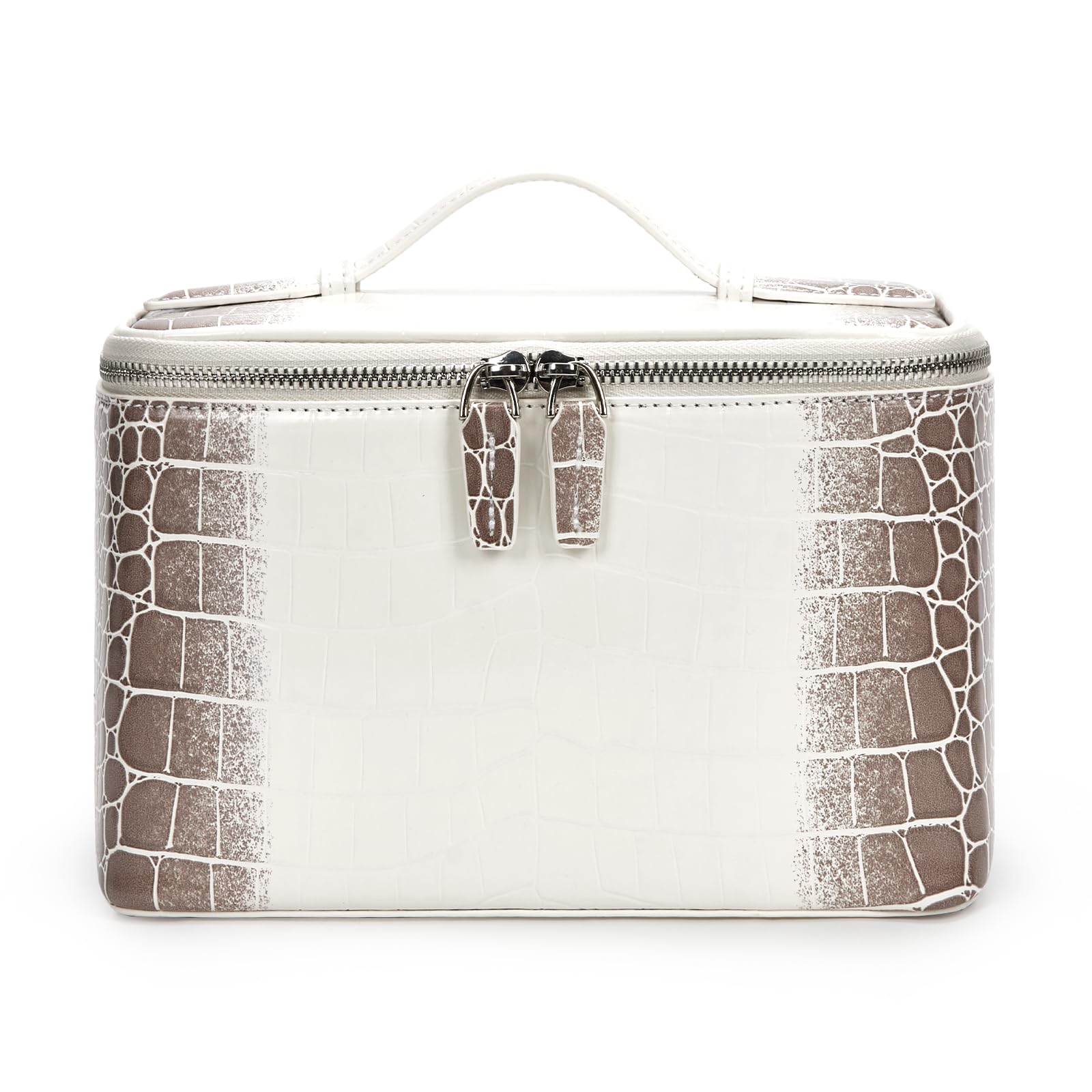 Krokodil-Make-up-Tasche, PU-Leder, wasserdicht, Reise-Kosmetik-Organizer für Damen, tragbarer Kosmetikkoffer, Kulturbeutel, beige, Klassisch