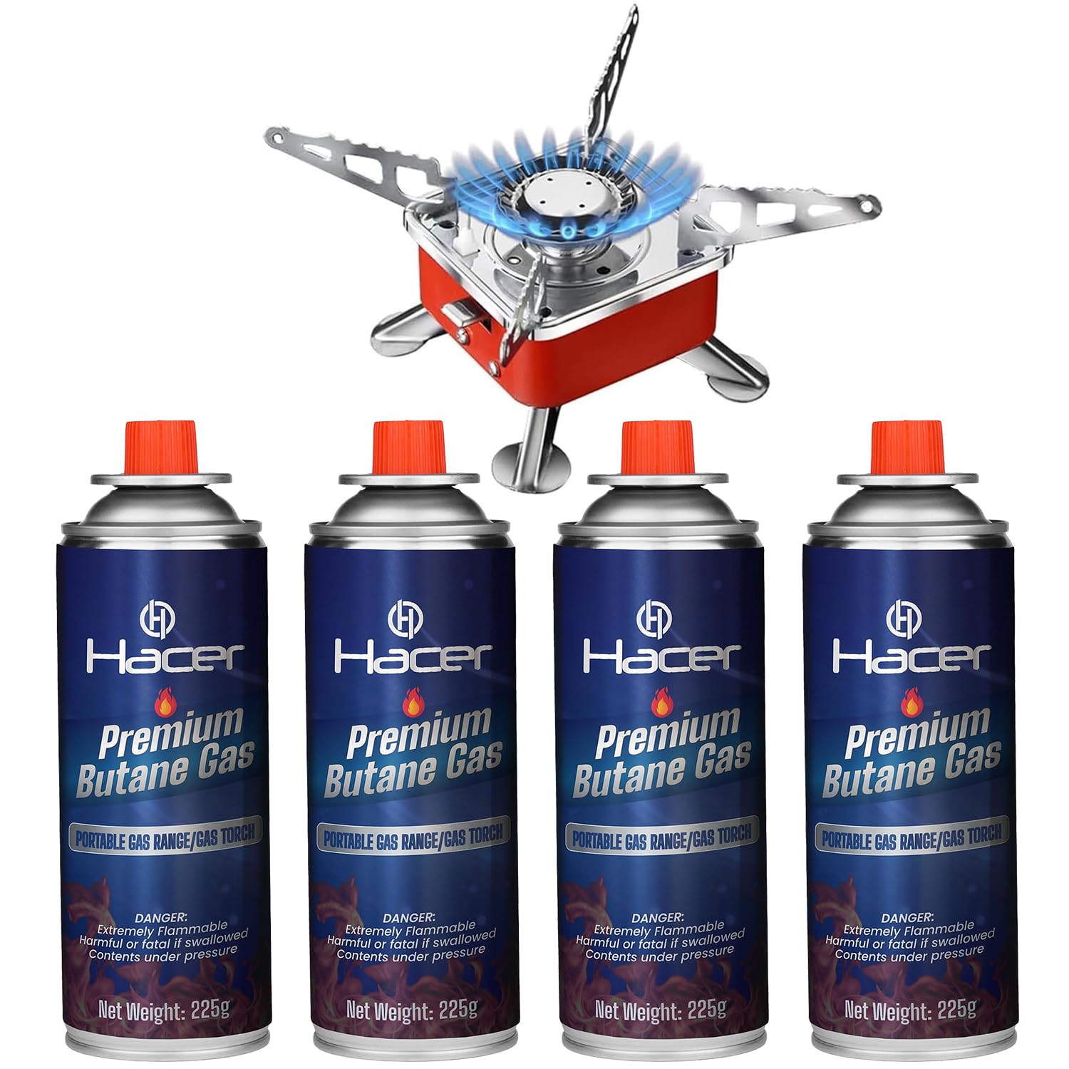 Hacer Portable Camping Gas Stove for Travel with Butane Gas Cylinder, Foldable Furnace & Refill Canister Kit, Lightweight Gas Burner for Hiking & Emergency Cooking Use (4 Gas Refill + 1 Stove) Hacer Portable Camping Gas Stove for Travel with Butane Gas Cylinder, Foldable Furnace & Refill Canister Kit, Lightweight Gas Burner for Hiking & Emergency Cooking Use (4 Gas Refill + 1 Stove)