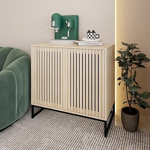 Miniatura 3 de FairyHaus Armario de almacenamiento con puertas de diseño de 2 rejillas, gabinete de buffet natural con almacenamiento y estante ajustable, armarios