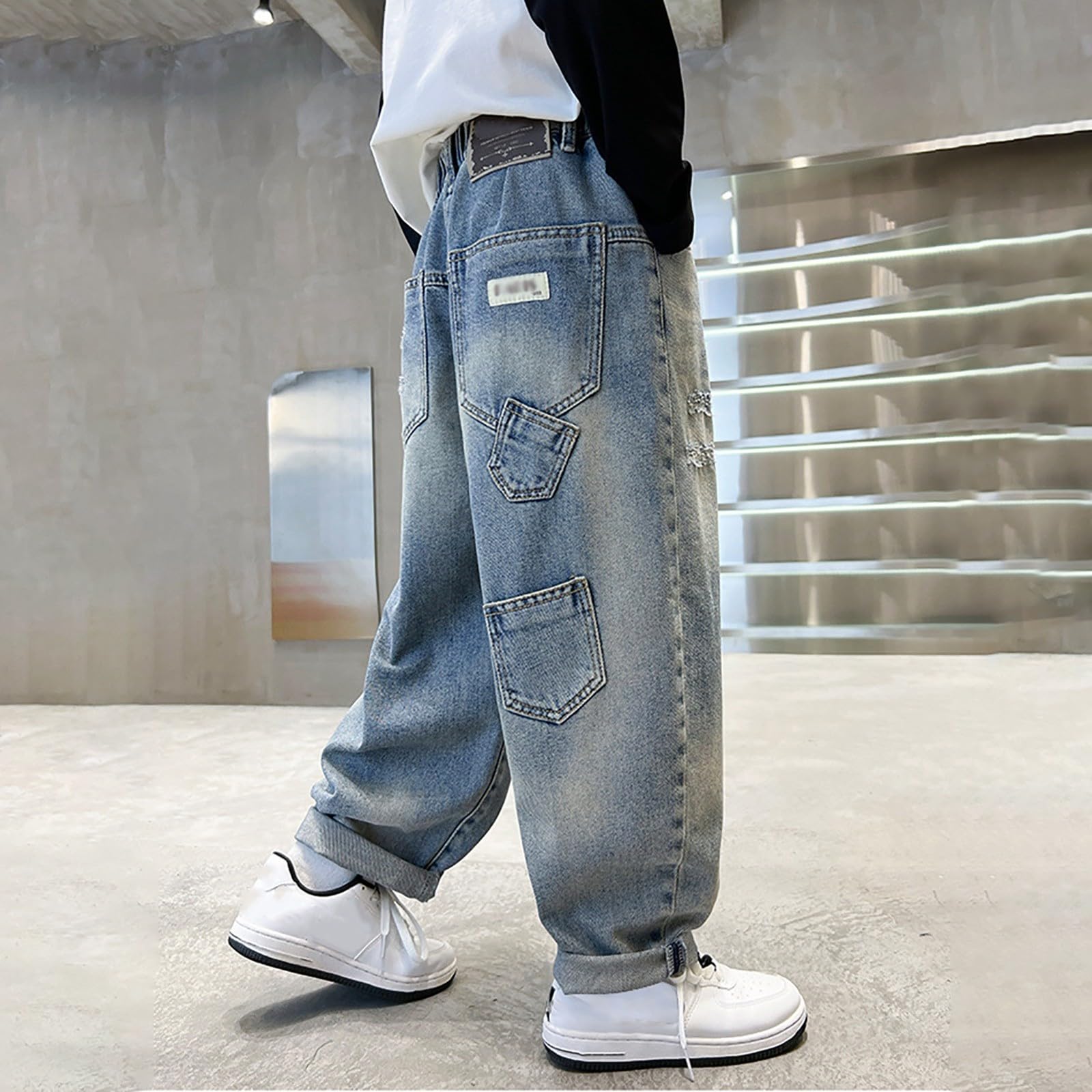 Vaqueros para Niño, Pantalones Vaqueros de Verano Diseño Holgado y Recto para Niños con Múltiples Bolsillos Estilo Urbano Cómodo