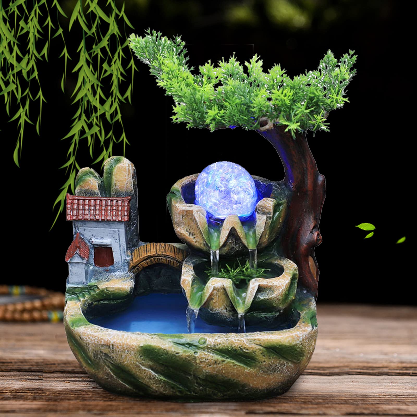 Tabletop Water Fountain Indoor Waterfall Fountains with LED Light & Atomization Indoor Fountains & Accessories Resin Home Deco with Pine Tree, Small Ponds and Small House and Bridge