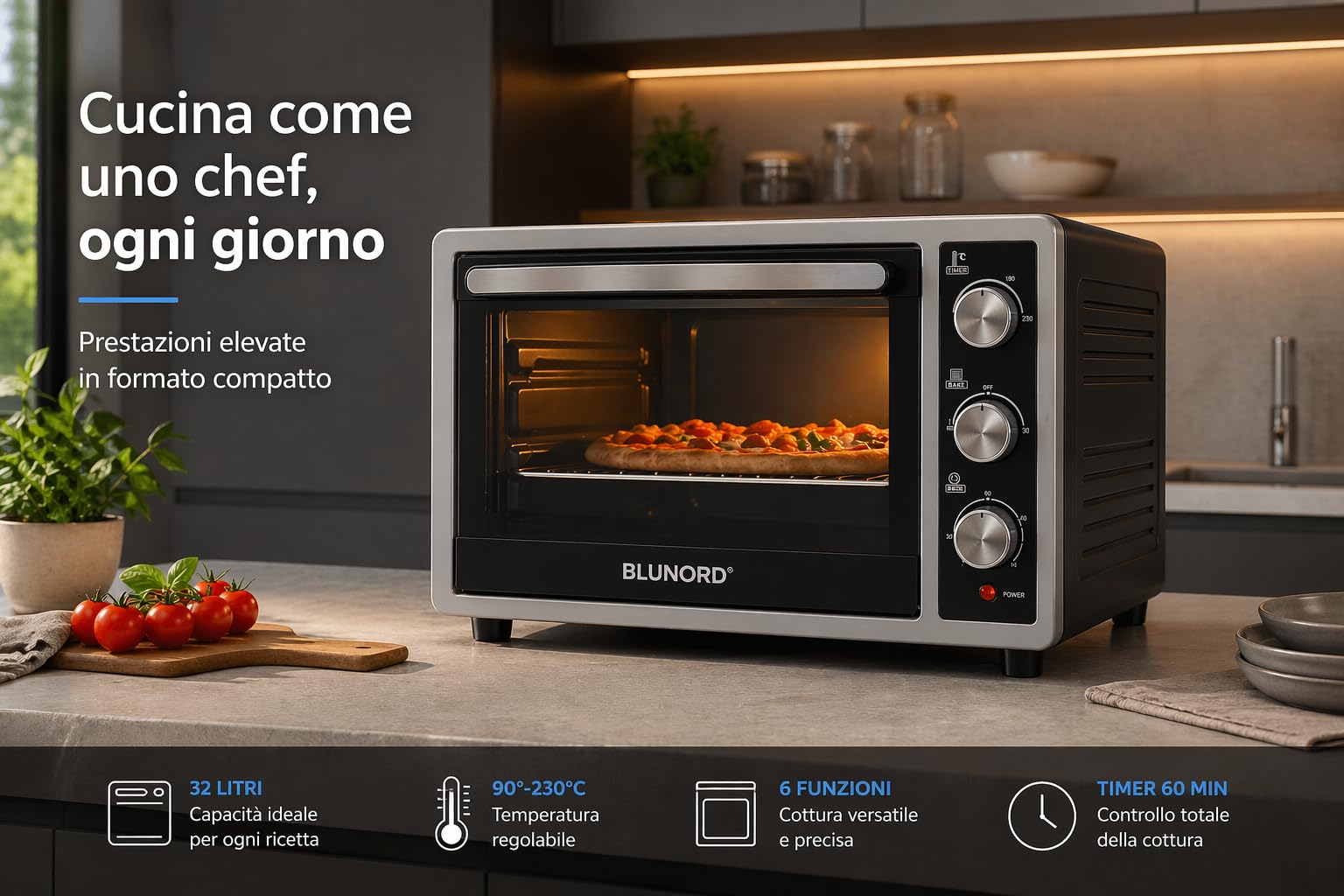 Forno Elettrico Ventilato 32 Litri 6 Funzioni Cottura 90-230°C Doppio Vetro Timer 60 Min
