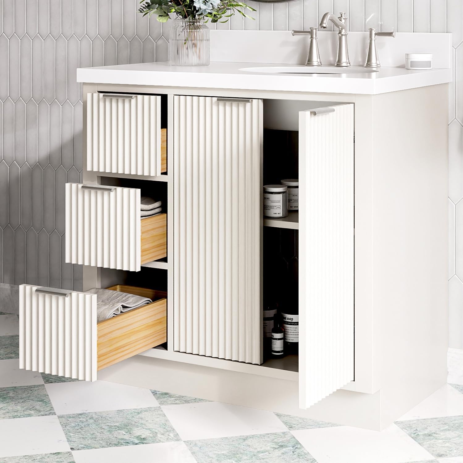 ARIEL Milan 36-inch Bathroom Vanity with Sink,Solid Wood, 1.5-inch Pure White Quartz Countertop & Backsplash, Single Oval Porcelain Sink, 2 Soft Closing Doors, 3 Dovetail Drawers, Warm White