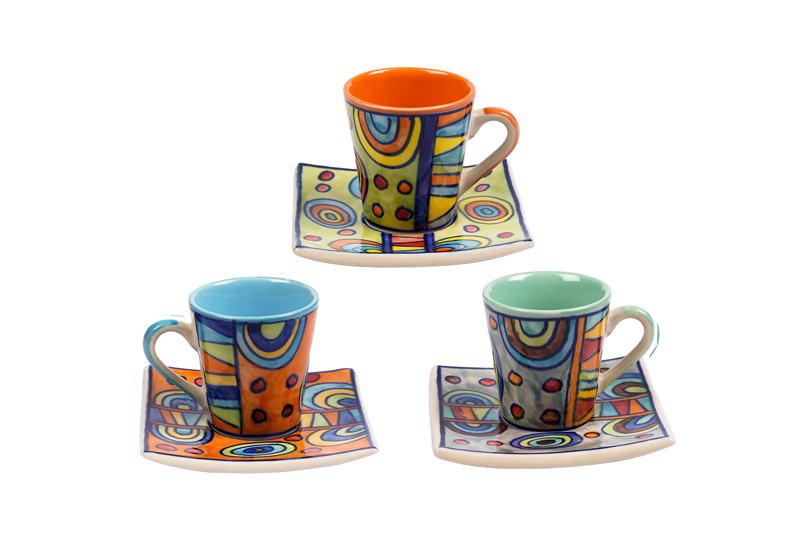 Gall&Zick Handbemalte Espressotassen mit Unterteller aus Keramik, Set von 3, ca. 80ml, bunte moderne Keramik – mikrowellen- & spülmaschinengeeignet – farbenfrohes Unikat für Kaffeegenuss