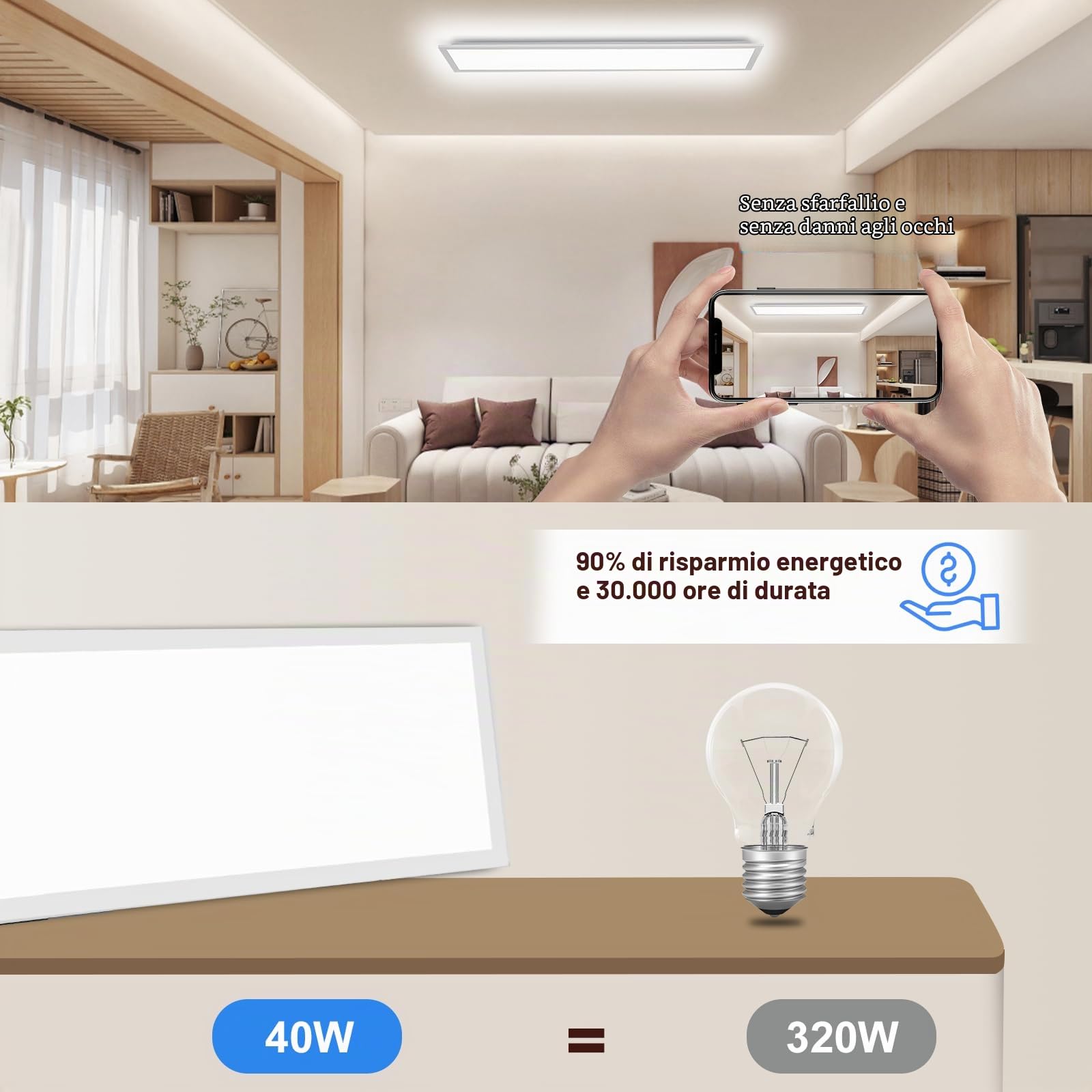 Plafoniera LED Soffitto 120x30cm Dimmerabile con Telecomando, 40W 4400lm 3000K-6500K - Pannello Luce Moderno per Soggiorno, Cucina, Ufficio e Officina