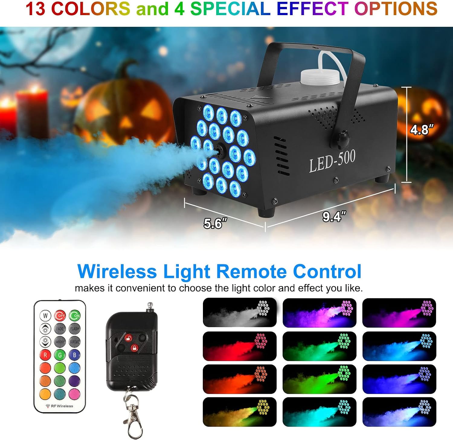 Upgraded Fog Machine with Light 18 LED Smoke Machine for Parties Wedding, 13 Colors Fog Machine Fog Stage with 2 Wireless Remote Controls, 500W 2000CFM Indoor Outdoor Fog Machine for Halloween DJ