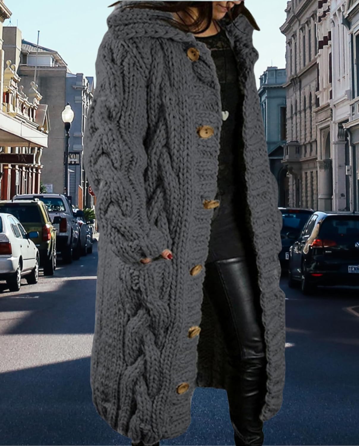 LIZALIG Womens Knit Long Cardigan Sweater Button Down Oversized Coat Lapel Neck Fair Isle Sweaters with Pockets Fall Winter - Image 3