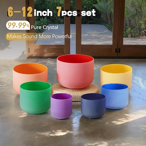 Vista 2 de CVNC Set Of 7 PCS 440HZ 6-12 Inch Colored Frosted Chakra Quartz Crystal Singing Bowls Sound Healing Instrument with 2 PCS Travel Carry Case Bag for