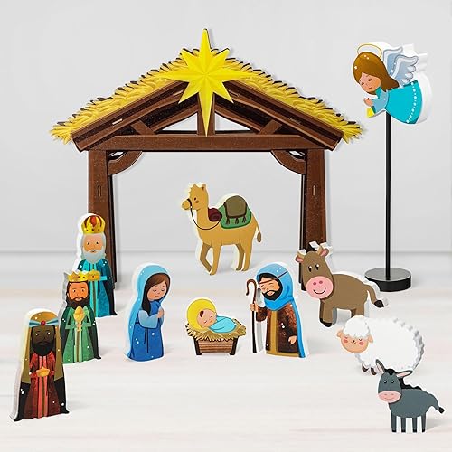 Geelin Juego de 15 piezas de pesebre para niños, figuras de belén de madera, pesebre de Navidad, pesebre, pesebre, fiesta, dormitorio, decoración