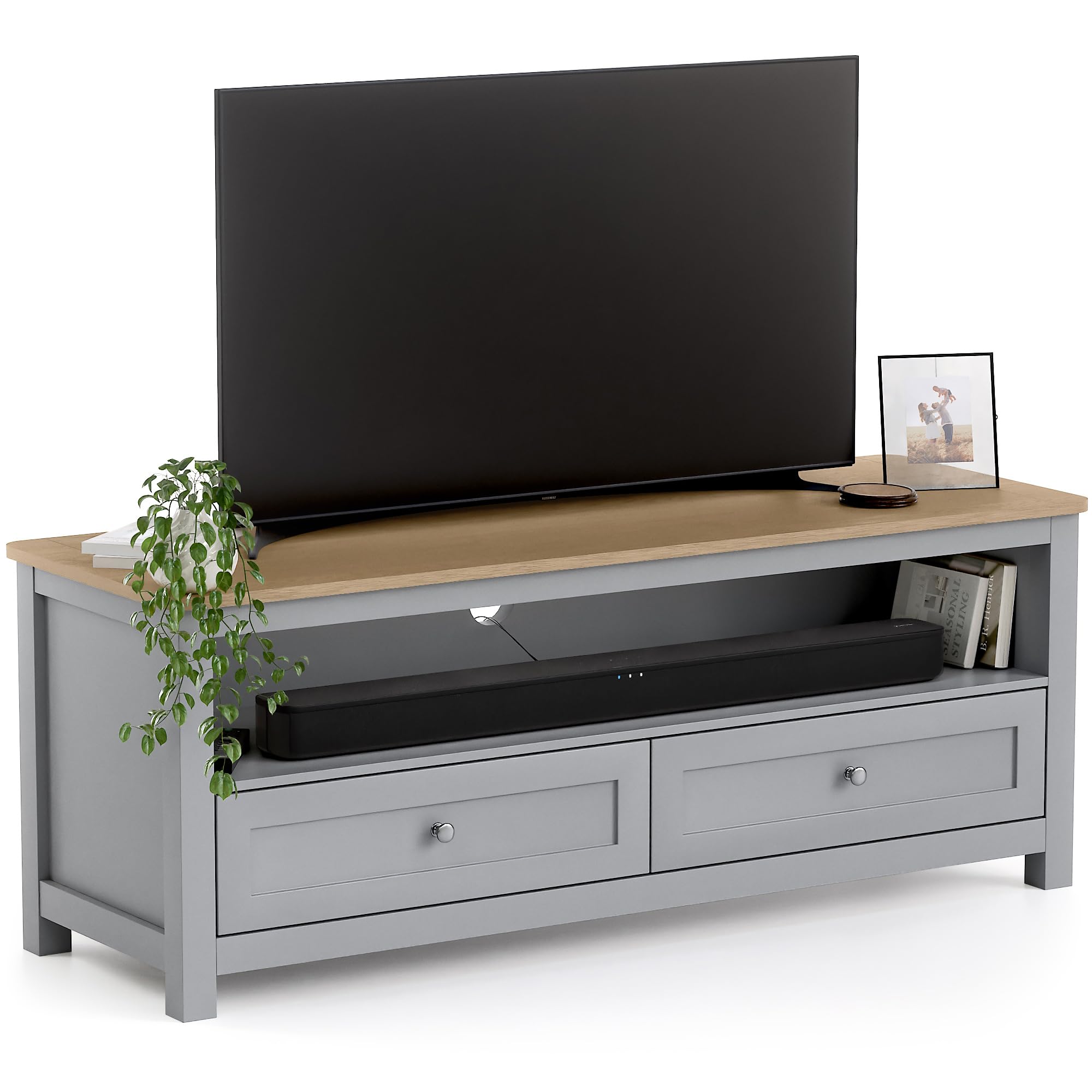 CHRISTOW TV Unit with Storage & Oak-Effect Top, Modern Television Stand with 2 Drawers & Open Shelf, Media Console Cabinet for Living Room, Sturdy MDF, Matte Painted โ Grey, H45 x W118 x D40cm
