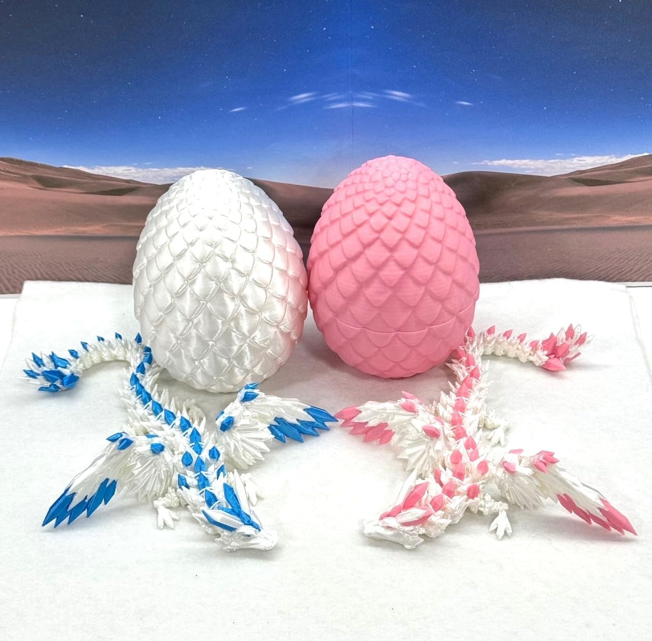 Crystal Winged Dragon with Dragon Egg, 2 PCS 3D Printed Articulated Dragon with Wings, White Crystal Winged Dragon, Fidget ADHD Autism Toy CW002WP-CW002WB