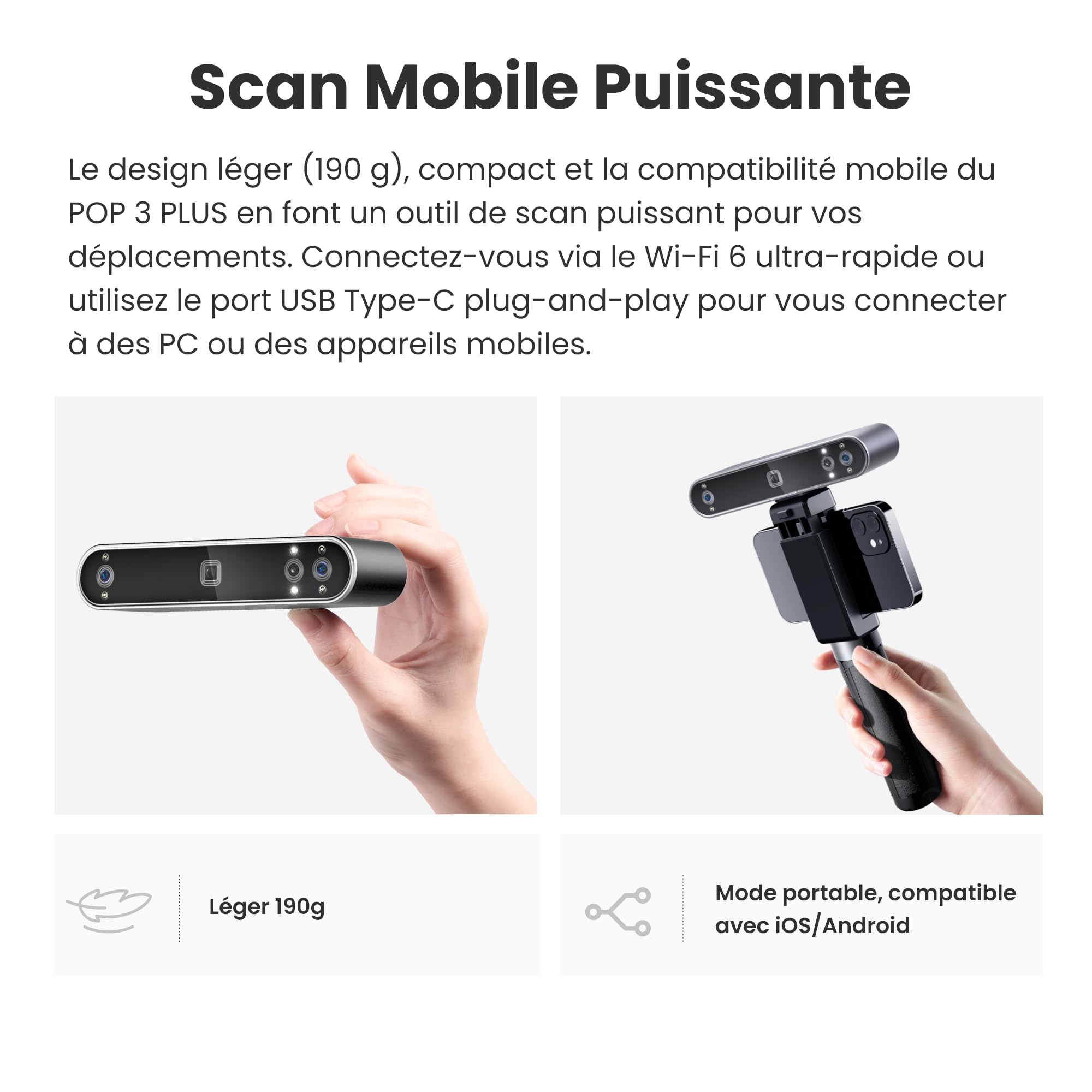 Revopoint POP 3 Plus Scanner 3D pour l'impression 3D,Scanner portable Vitesse de numérisation de 18 fps, Précision de 0.04mm, Numérisation couleur d'un objet de taille moyenne, STANDARD