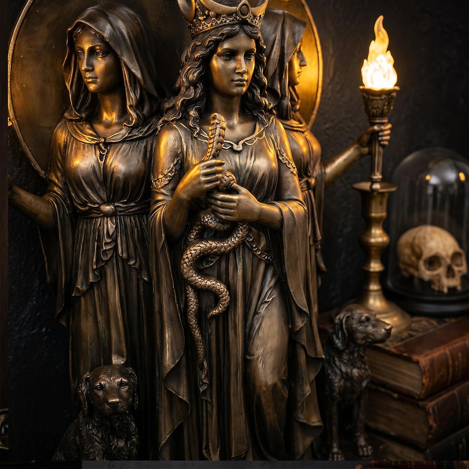 Applique da Parete Hecate, la Triplice Dea Illuminare il Tuo Spazio, Lampada Gothic in Resina con Torce & Cani, Statue Mitologica Greca Ideale per Camera da Letto, Soggiorno e Corridoio
