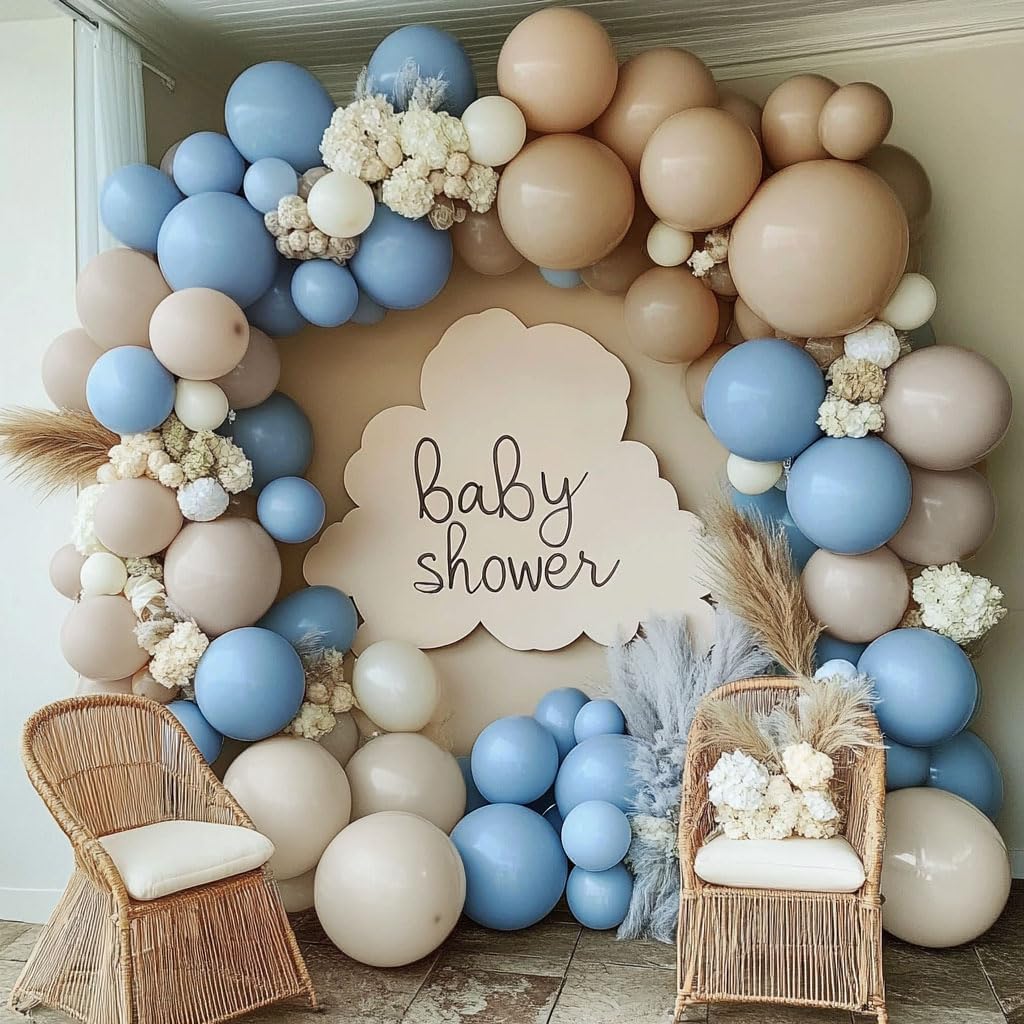 Dusty Blue Brown Balloon Garland Double Stuffed Blue Tan White Sand Grey Latex Neutral Balloon Arch Kit For Teddy Bear Baby Shower Boho Birthday Gender Reveal Party Decoration