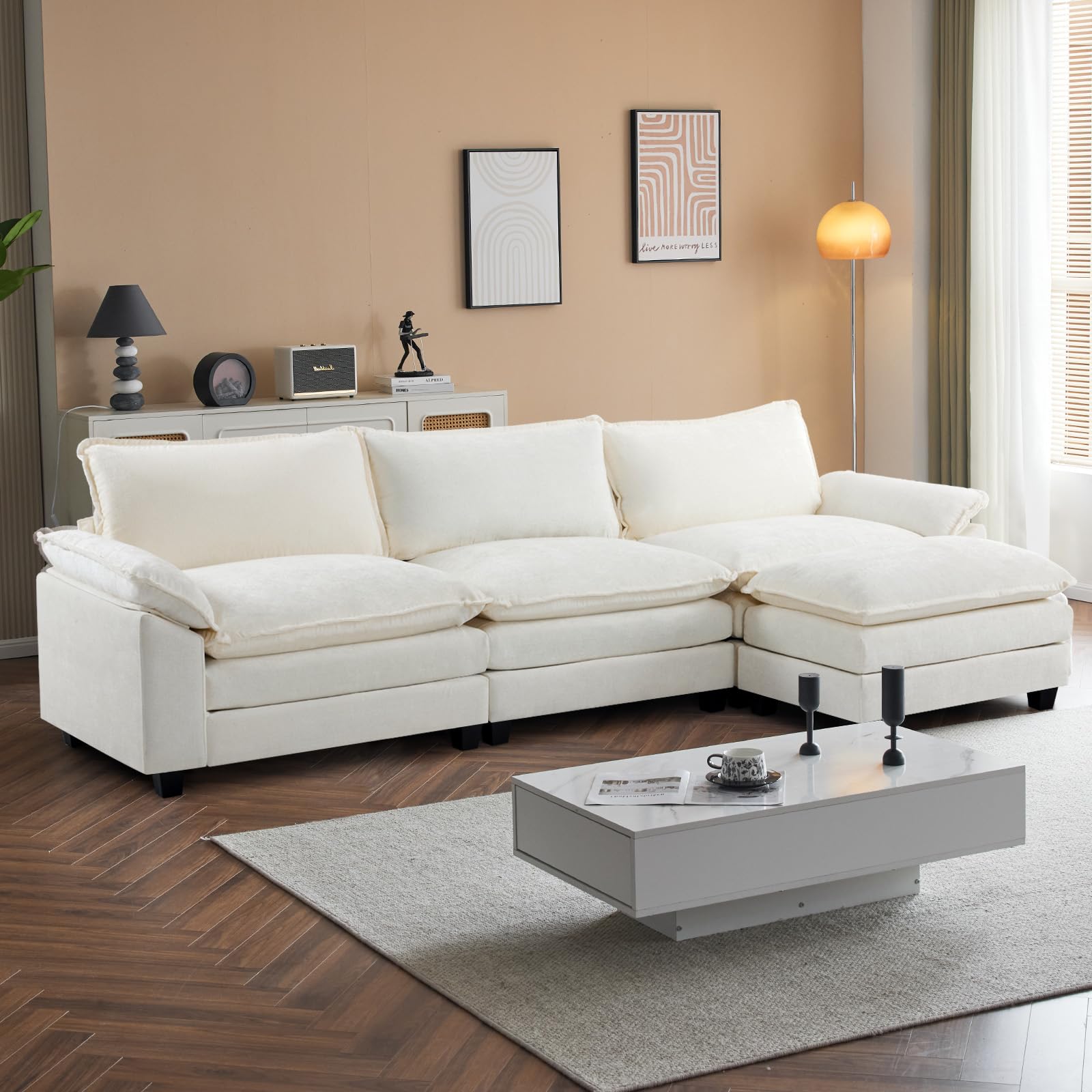 VINGLI Convertible Modular Sectional Sofa for Living Room with Deep Seat & Movable 2-Layer Ottoman, L-Shape Cloud Sofa Bed with Chaise & Armrests,